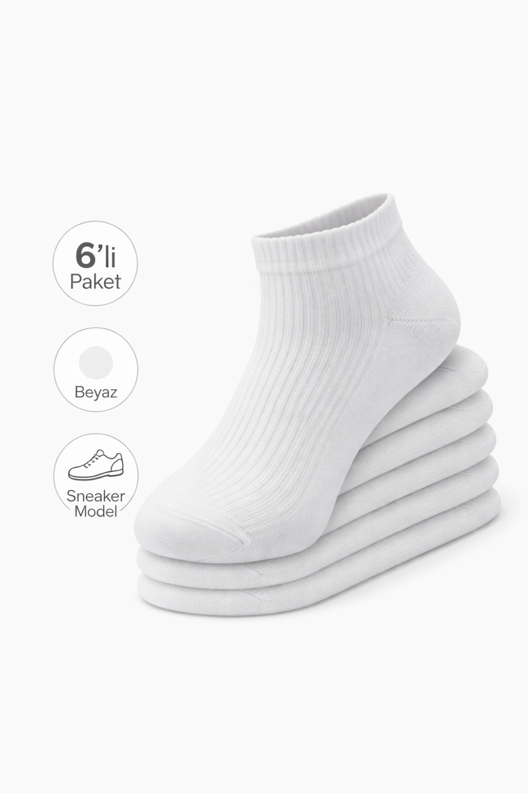 Oglo Beyaz Sneaker Model Çorap 6’lı Paket, Dikişsiz Burun, Topuk Burun Takviyeli, Pamuklu (6 Çift) görsel 5
