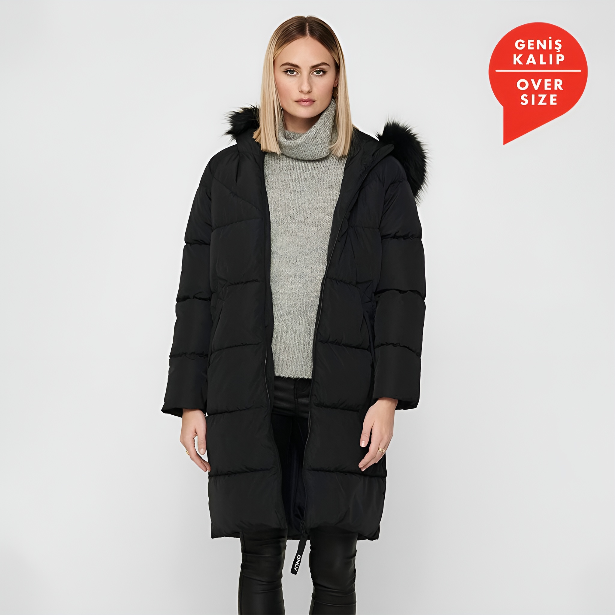 Only Monica Long Puffer Coat Kadın Siyah Kapüşonlu Mont