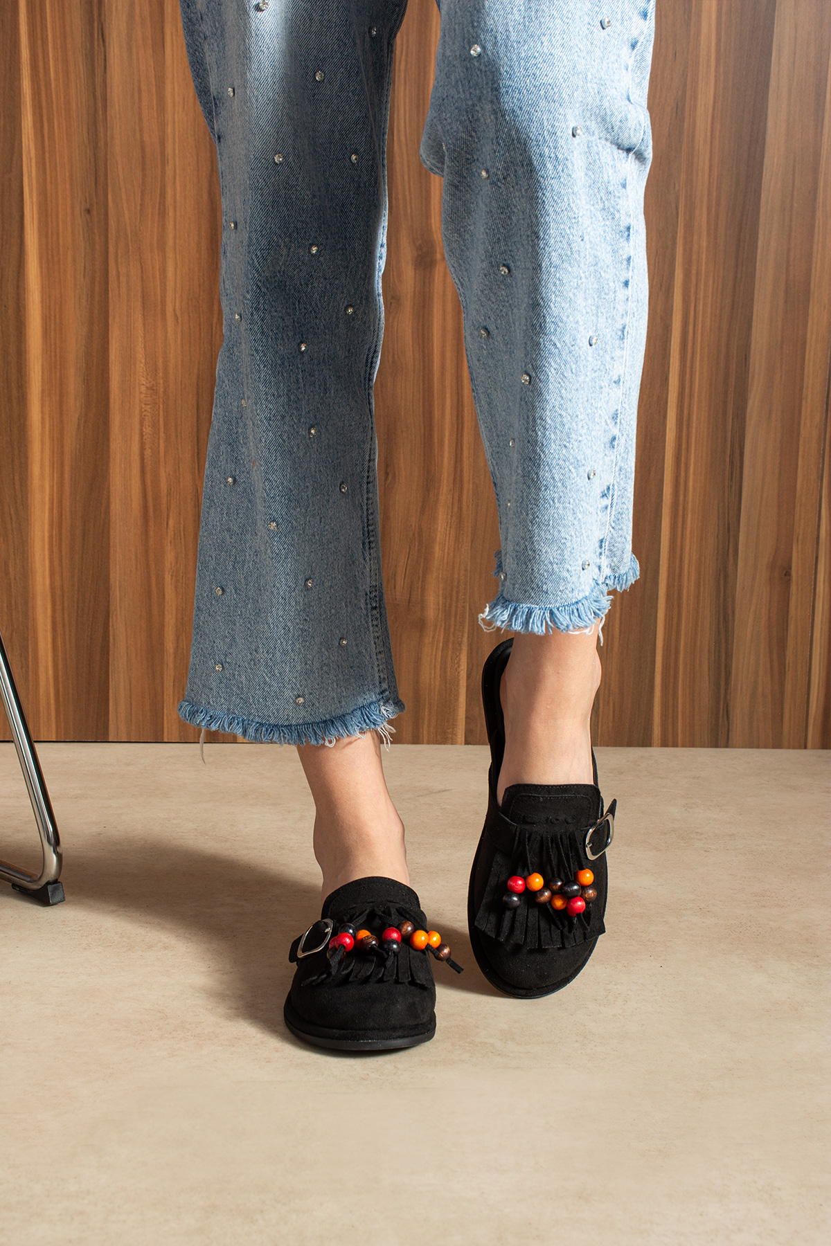 DUXAL SHOES Hazel Kadın Süet Püsküllü Boncuklu Tokalı Terlik Mulo görsel 2