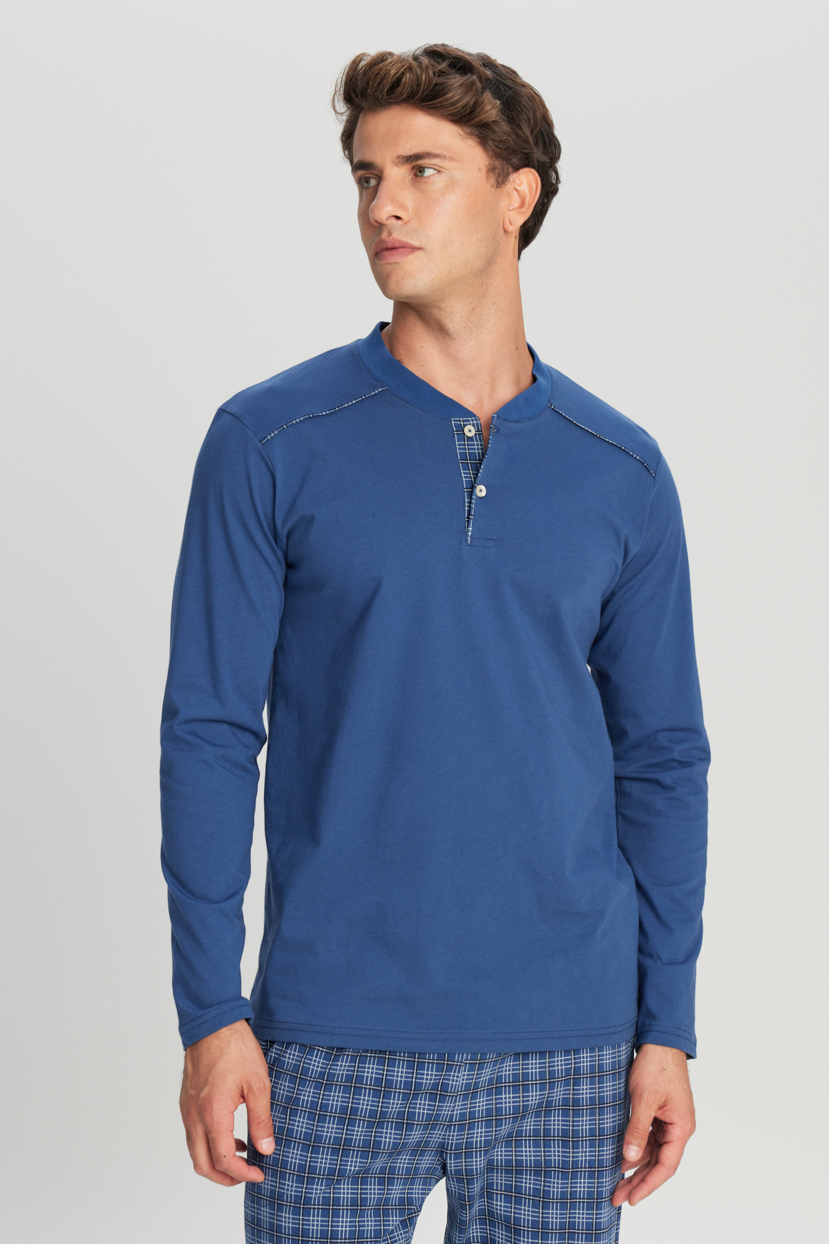 AC&Co / Altınyıldız Classics Erkek İndigo %100 Pamuk Standart Fit Hakim Yaka Desenli Cepli Pijama Takımı görsel 2