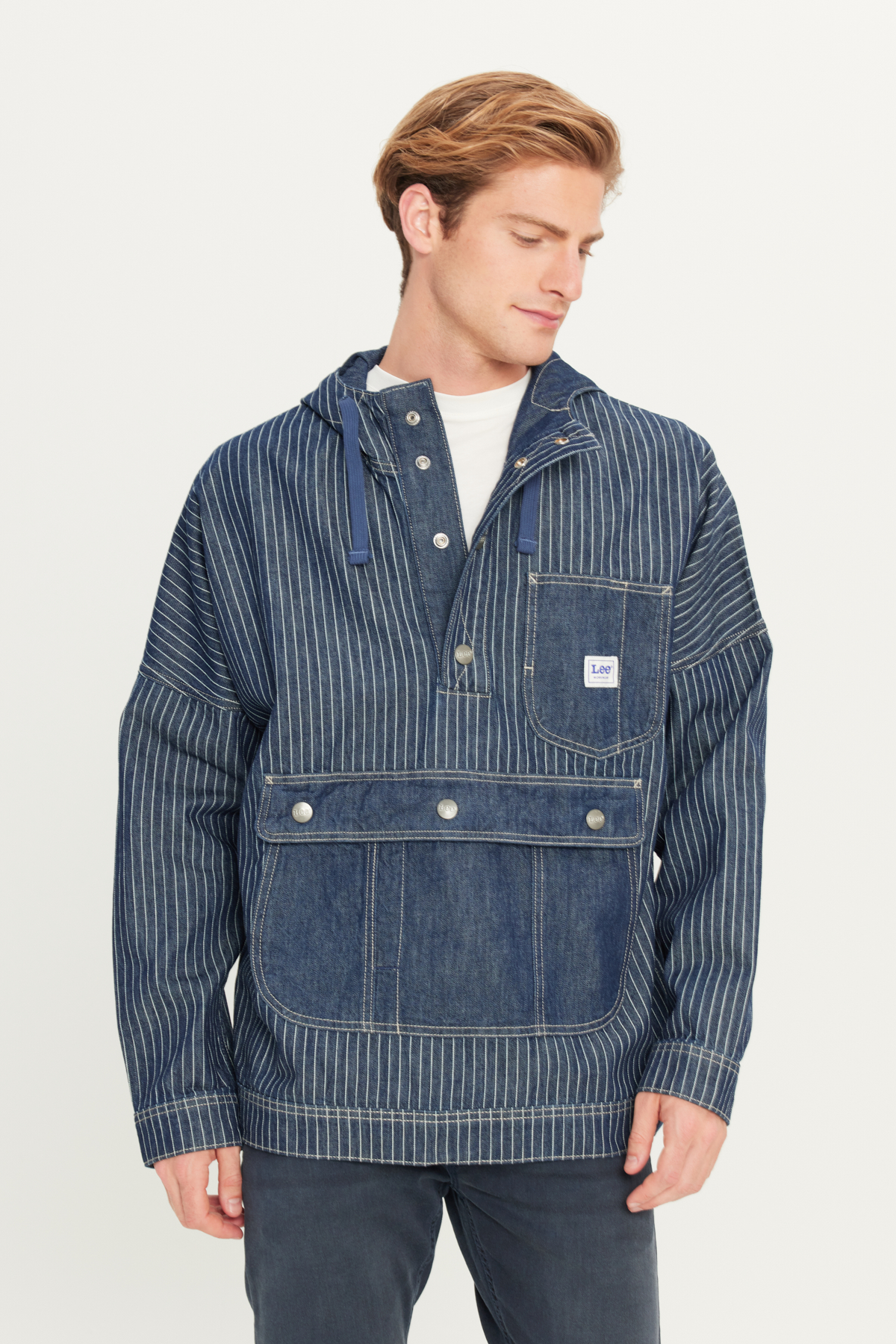 Lee %100 Pamuk Relaxed Fit Kapüşonlu Koyu Mavi Denim Jean Ceket görsel 2