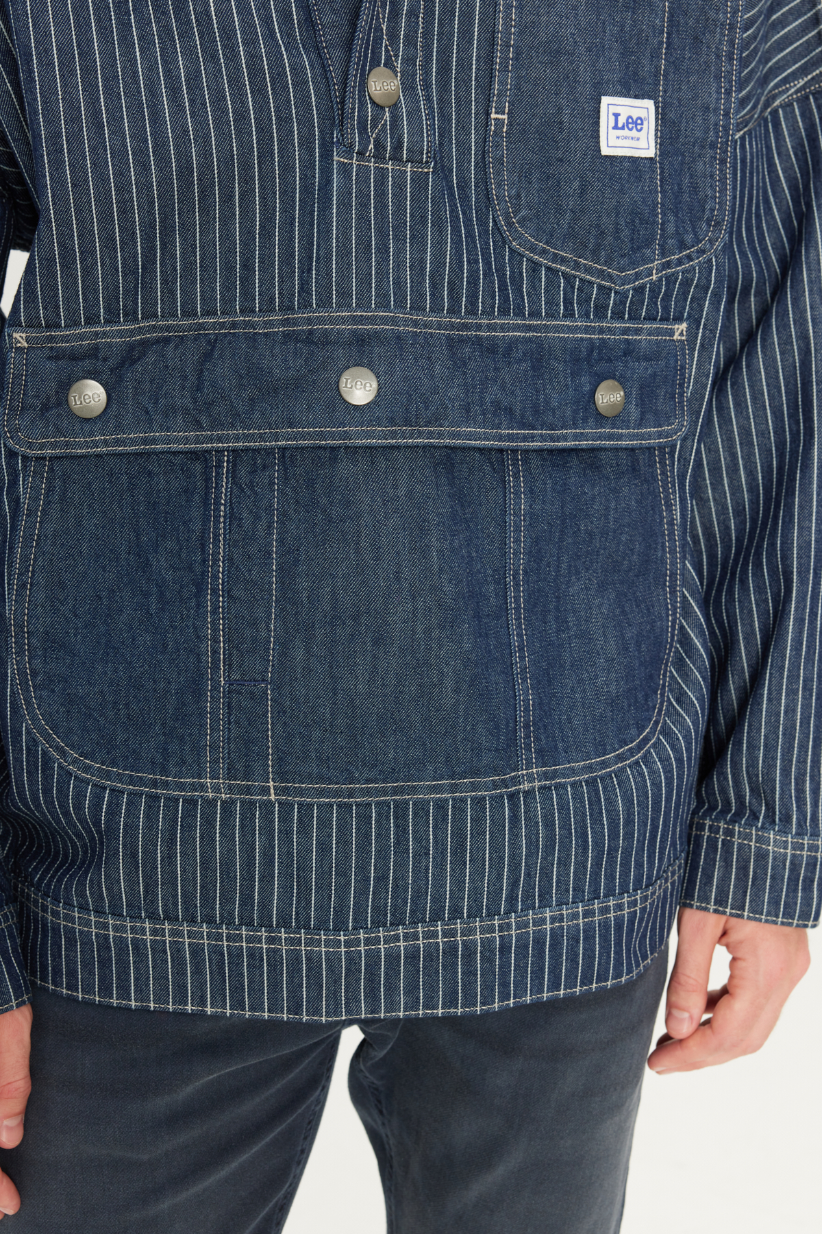 Lee %100 Pamuk Relaxed Fit Kapüşonlu Koyu Mavi Denim Jean Ceket görsel 5