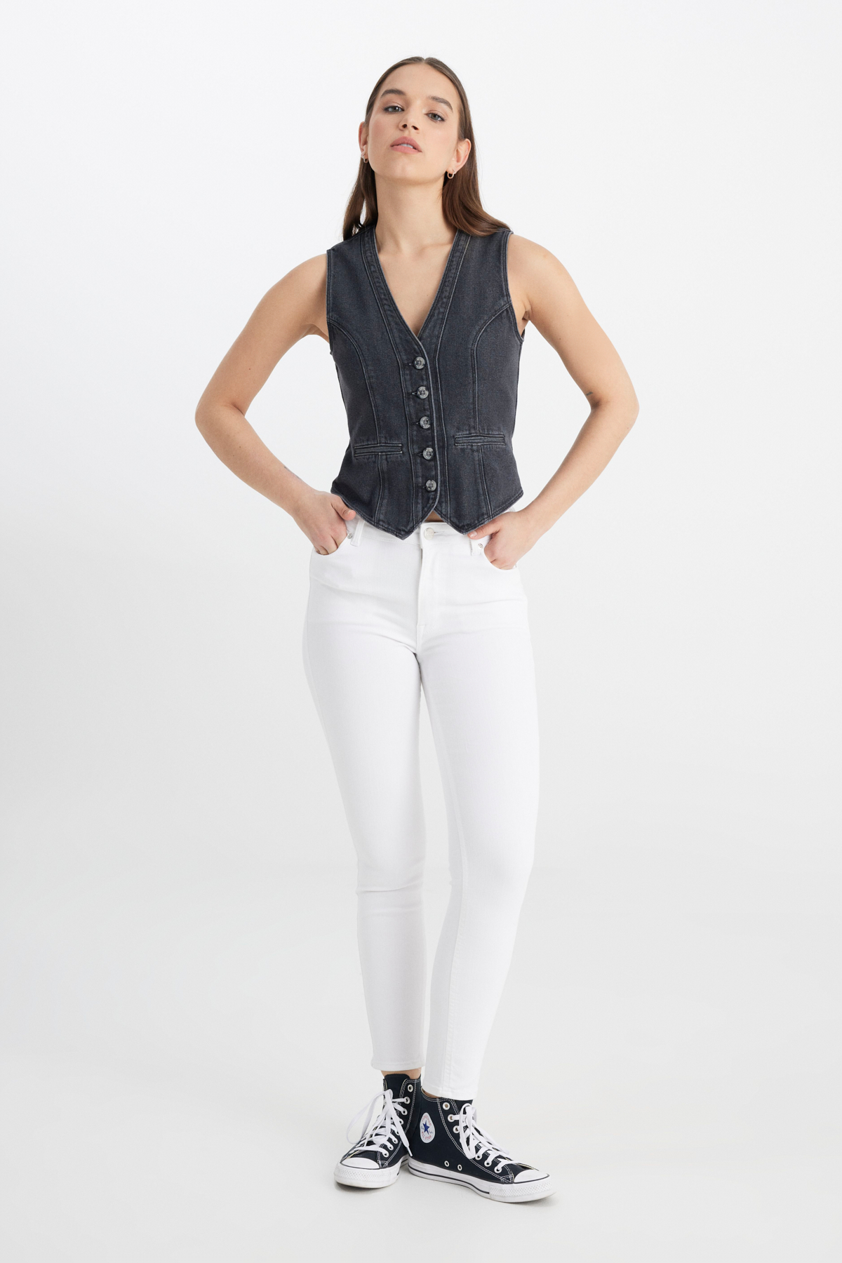 Lee Regular Fit V Yaka %100 Pamuk Antrasit Jean Yelek görsel 3