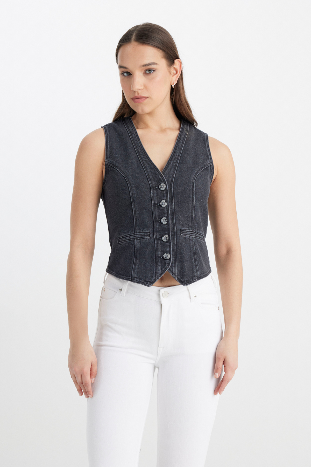 Lee Regular Fit V Yaka %100 Pamuk Antrasit Jean Yelek görsel 4