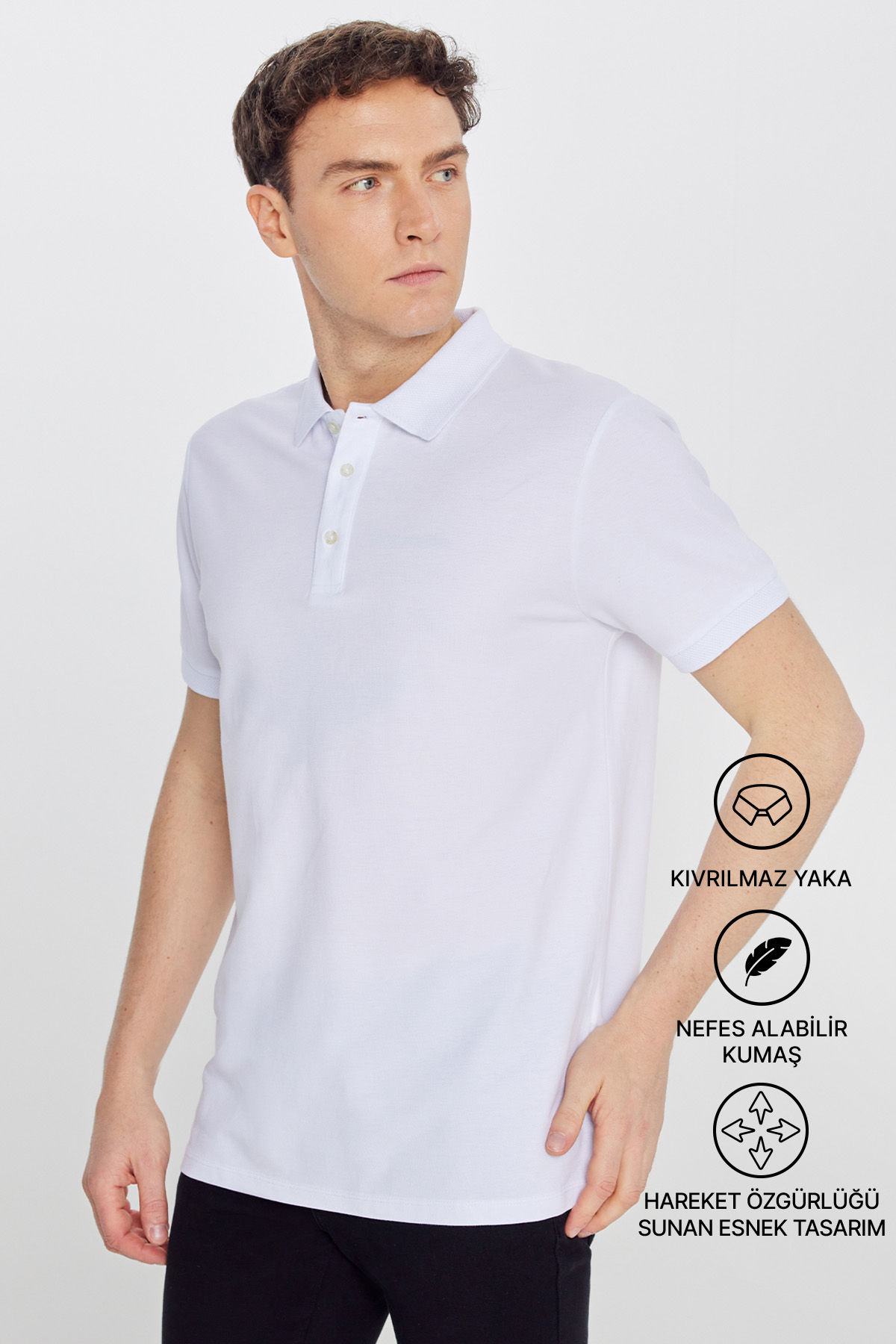AC&Co / Altınyıldız Classics Erkek Beyaz Slim Fit Dar Kesim Polo Yaka %100 Pamuk Kısa Kollu Tişört