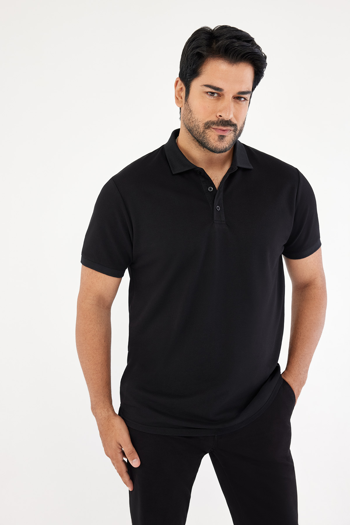 AC&Co / Altınyıldız Classics Erkek Siyah-Siyah Slim Fit Dar Kesim Kıvrılmaz Polo Yaka Kısa Kollu Tişört