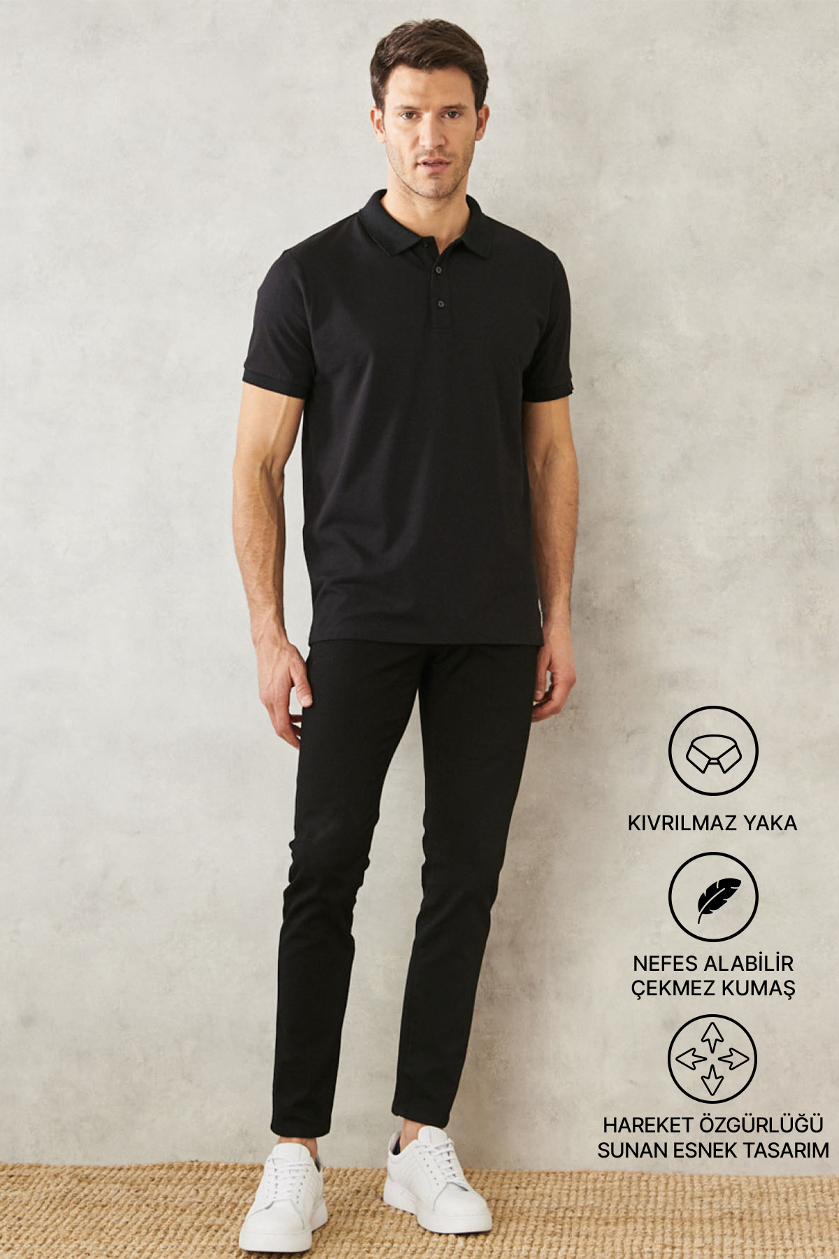 AC&Co / Altınyıldız Classics Erkek Siyah-Siyah Slim Fit Dar Kesim Kıvrılmaz Polo Yaka Kısa Kollu Tişört görsel 2