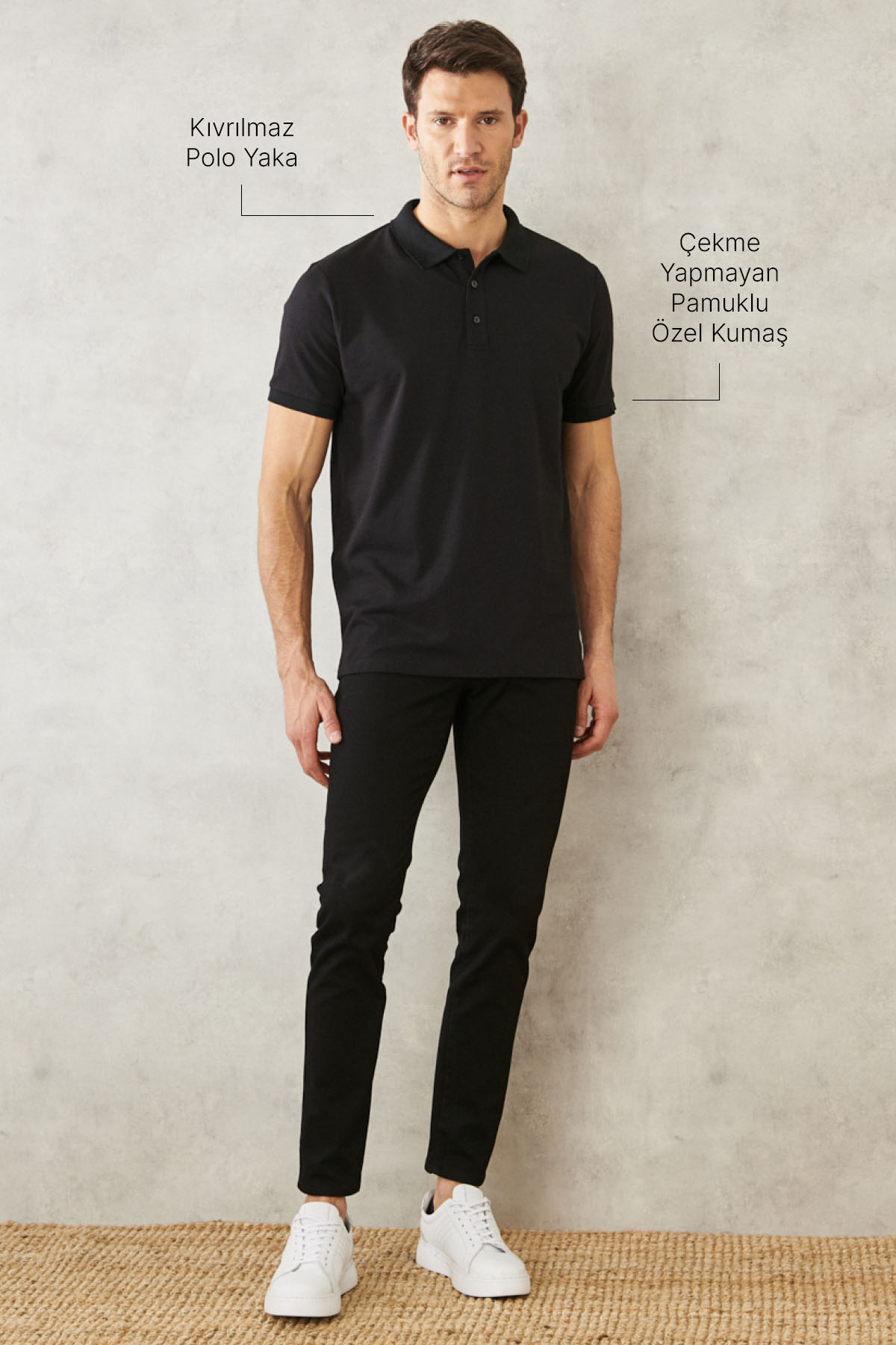 AC&Co / Altınyıldız Classics Erkek Siyah-Siyah Slim Fit Dar Kesim Kıvrılmaz Polo Yaka Kısa Kollu Tişört görsel 3
