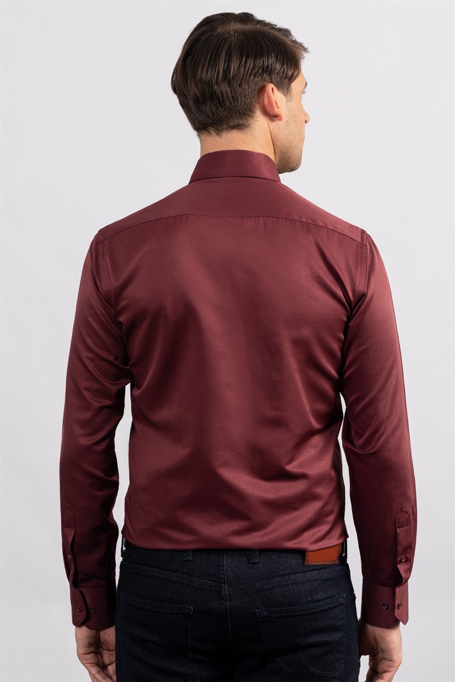 TUDORS Erkek Modern Slim Fit Düz Saten Pamuklu Bordo Gömlek görsel 4