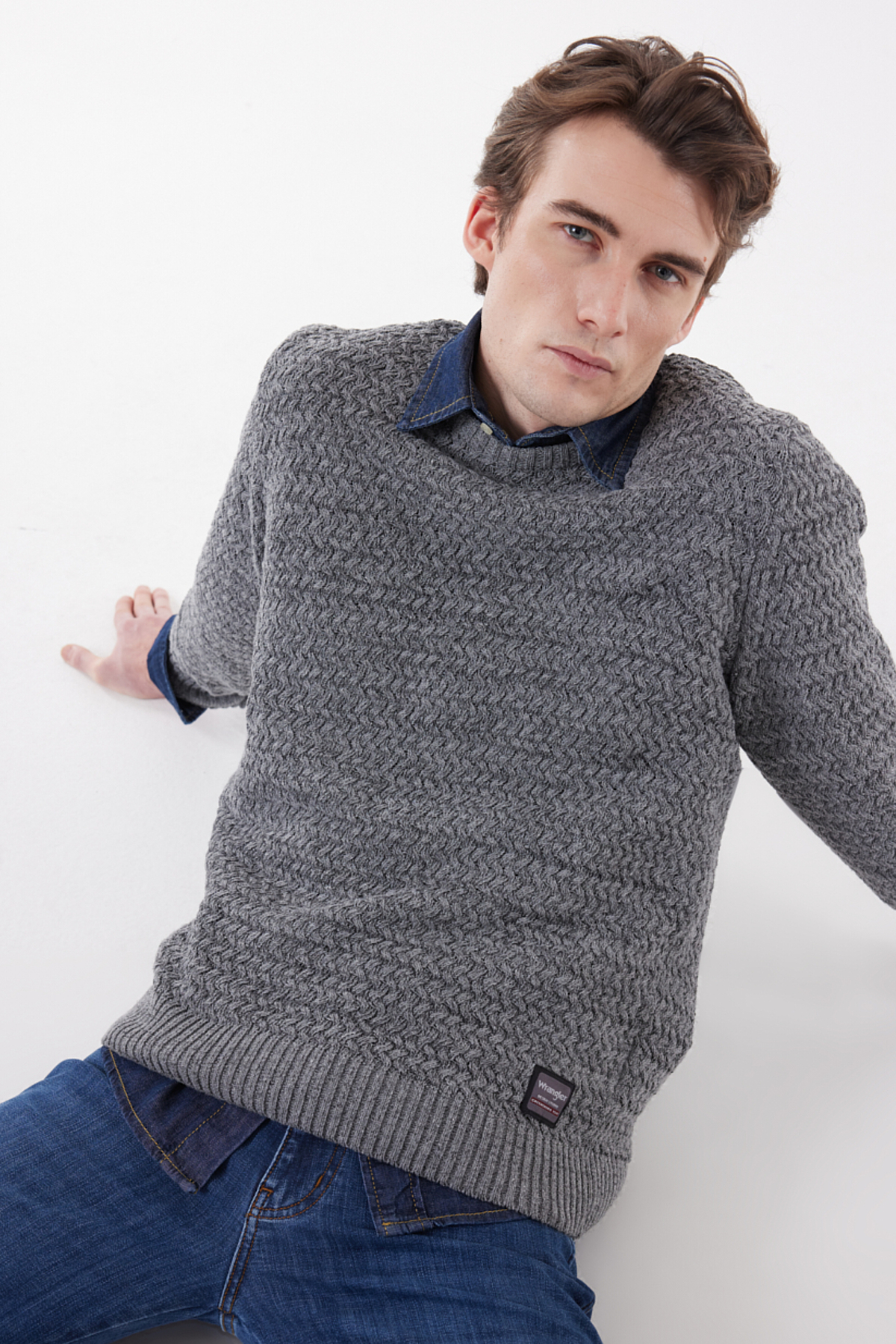 Wrangler Regular Fit Bisiklet Yaka Gri Melanj Triko Kazak