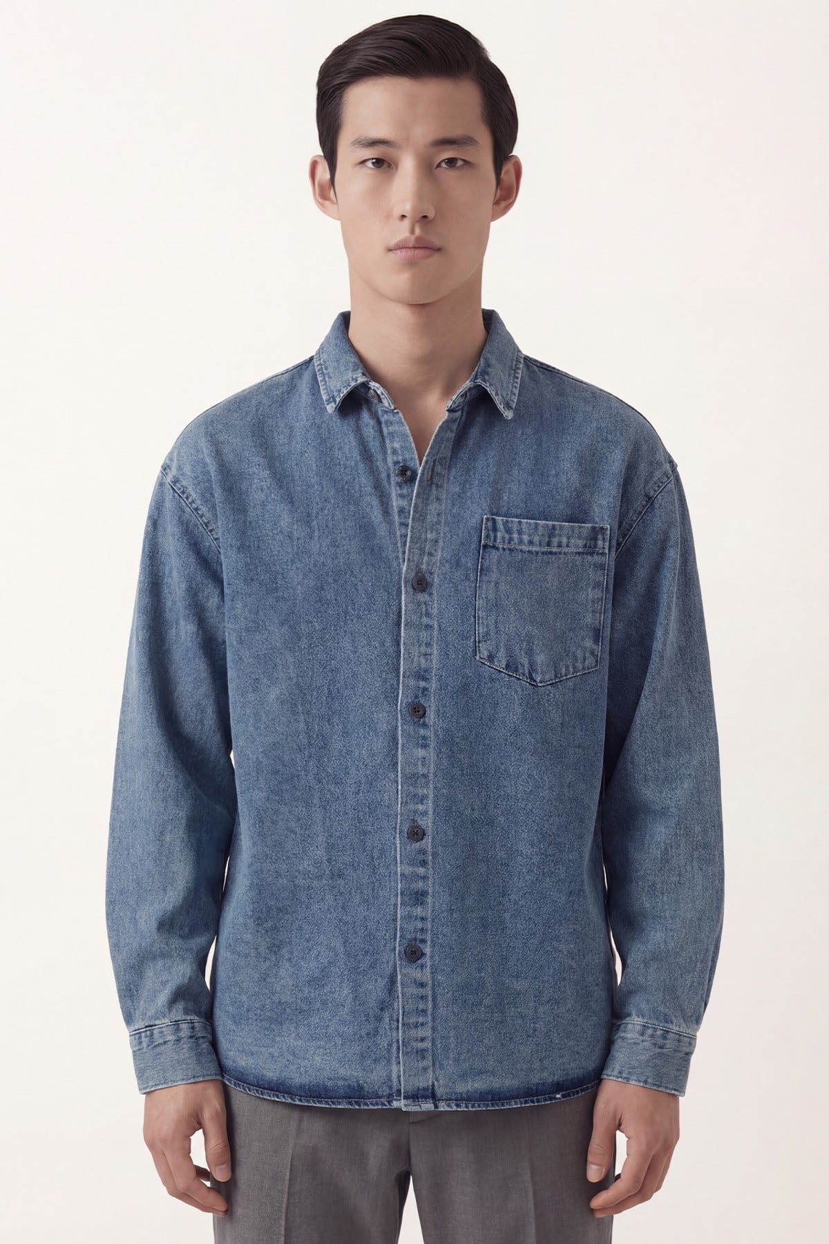 Sabri Özel Mavi Regular Fit Pamuk Cepli Uzun Kollu Denim Ceket Gömlek