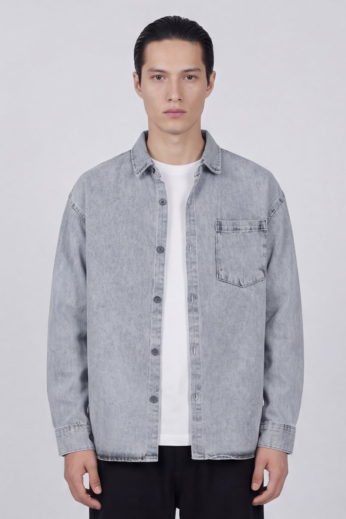 Sabri Özel Açık Gri Regular Fit Pamuk Cepli Uzun Kollu Denim Ceket Gömlek