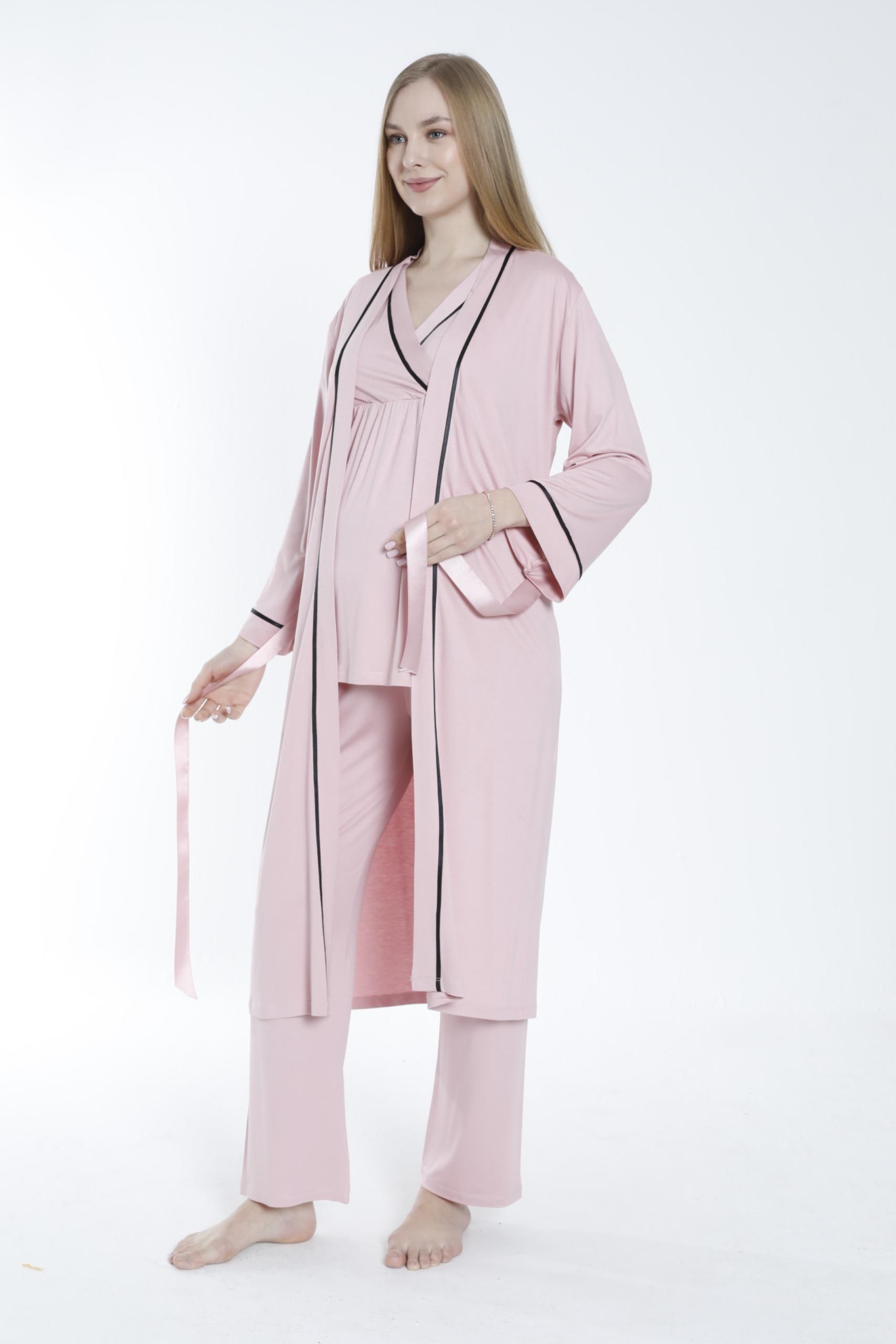 MİSS DÜNYA LİSSA Pudra Sabahlıklı Şerit Detaylı Hamile ve Lohusa Pijama Takımı