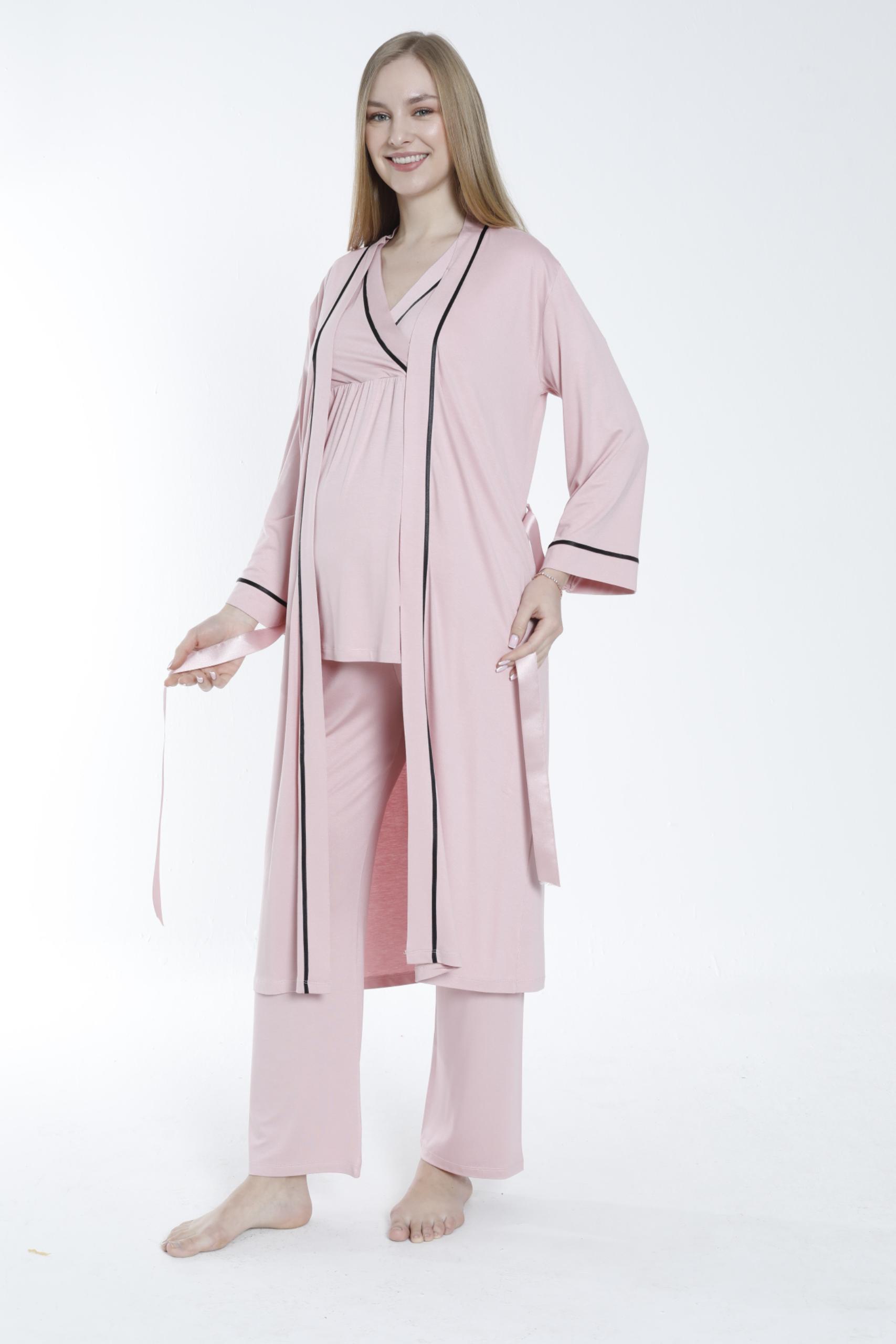 MİSS DÜNYA LİSSA Pudra Sabahlıklı Şerit Detaylı Hamile ve Lohusa Pijama Takımı görsel 2