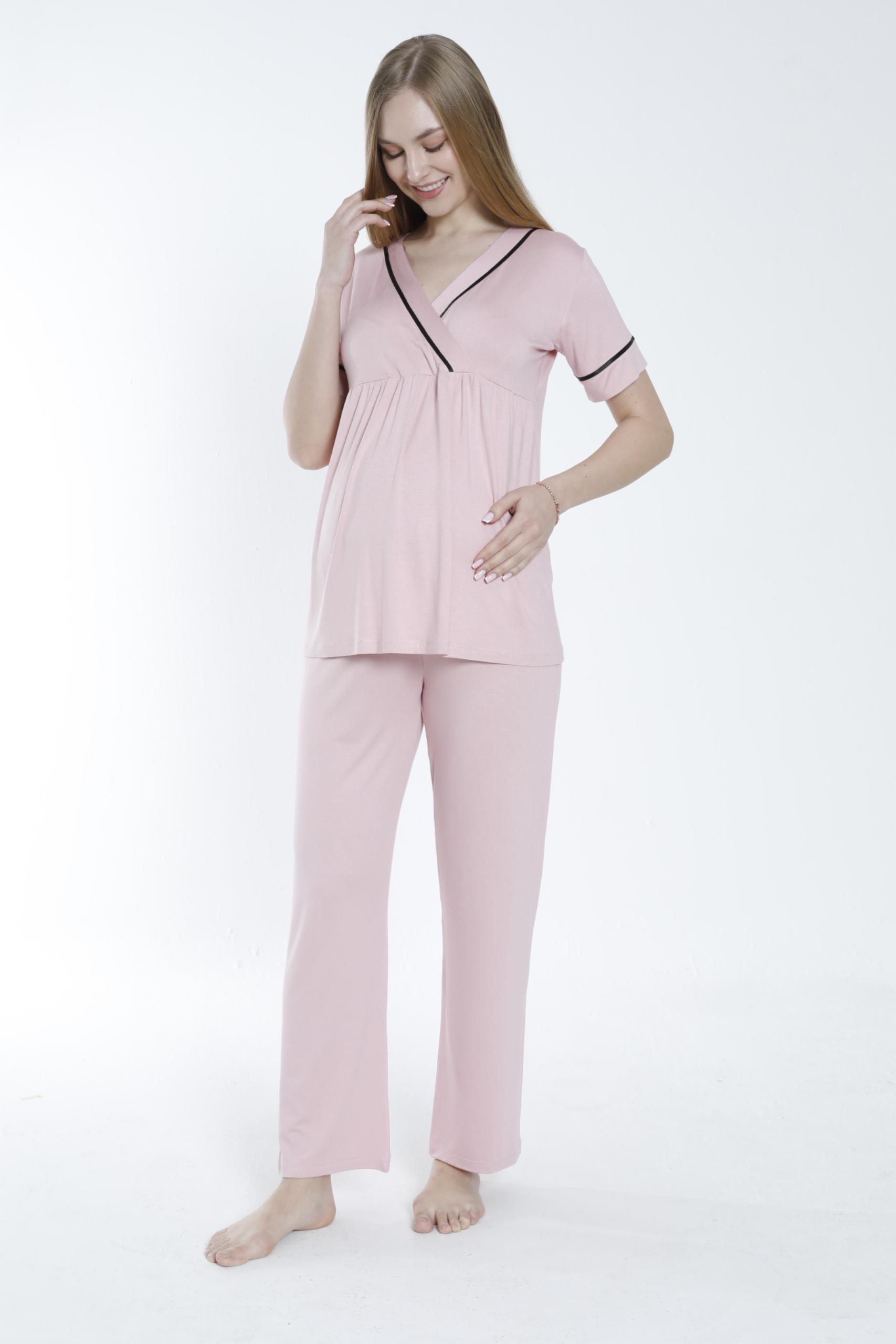MİSS DÜNYA LİSSA Pudra Sabahlıklı Şerit Detaylı Hamile ve Lohusa Pijama Takımı görsel 5