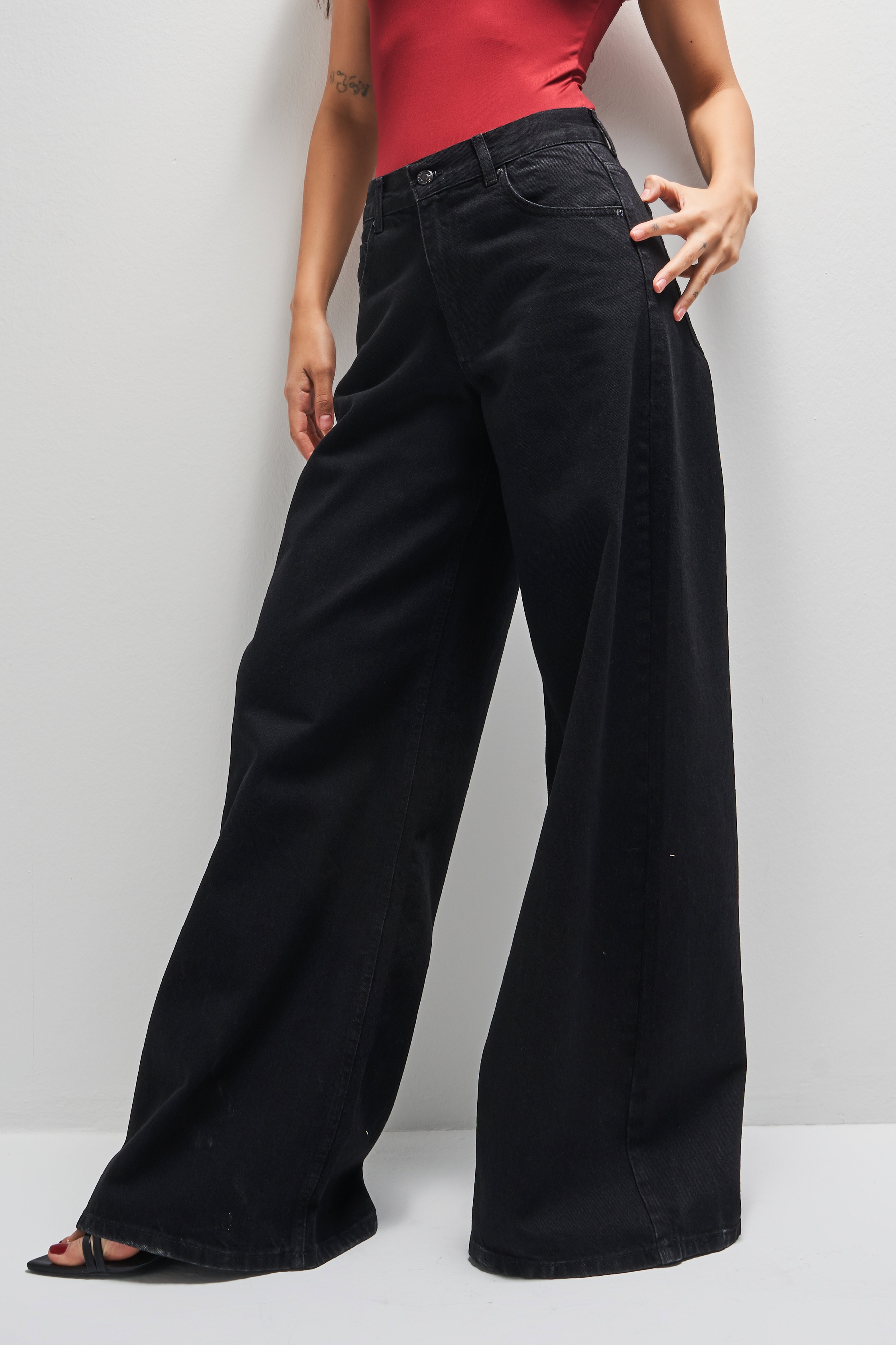 It's Basic Kadın Siyah Renk Hera 1w41 Palazzo Fit Bol Kesim Denim Jean görsel 2