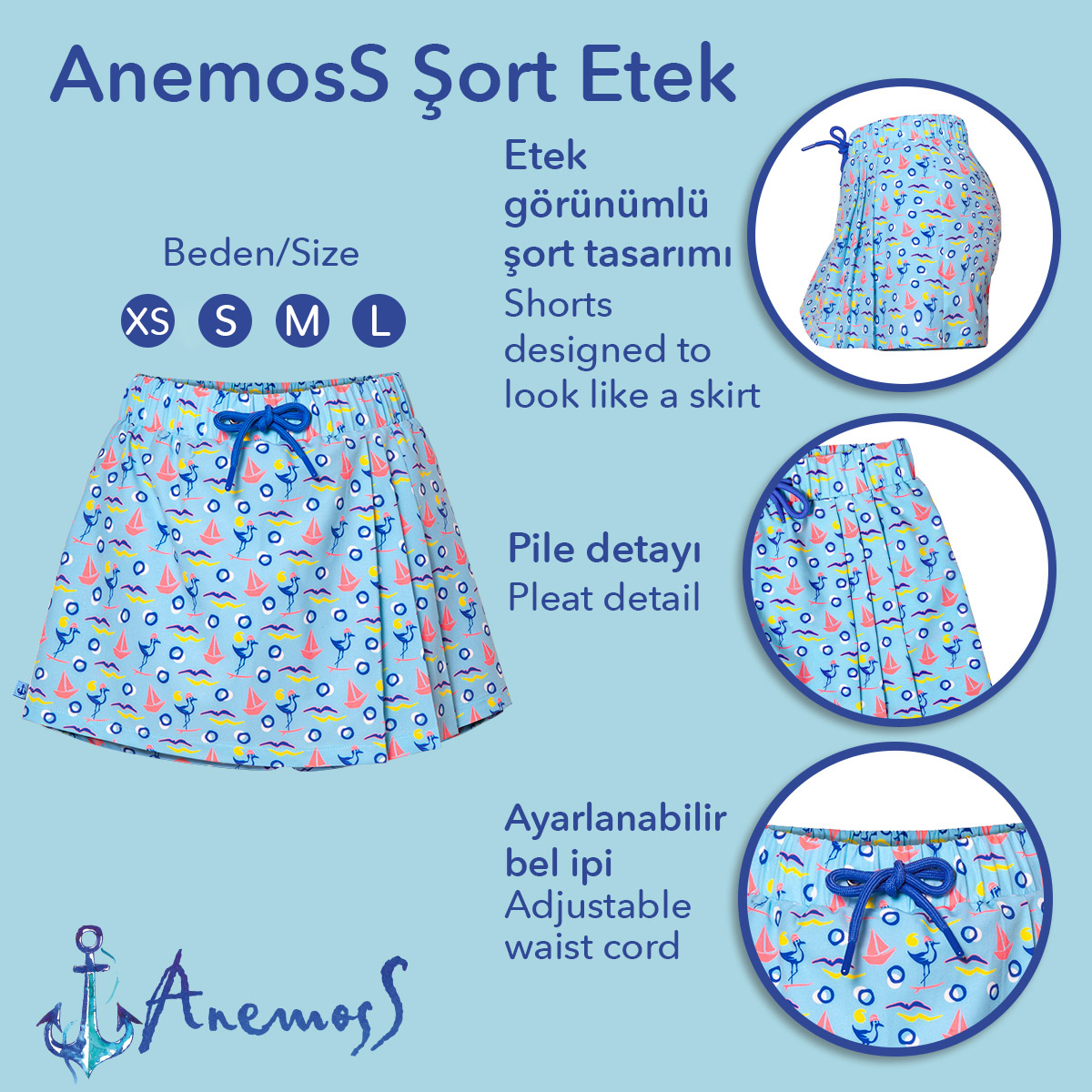 Anemoss Gemici Martı Kadın Şort Etek, Bağcıklı Bel, Deniz Temalı Yazlık Skort görsel 5