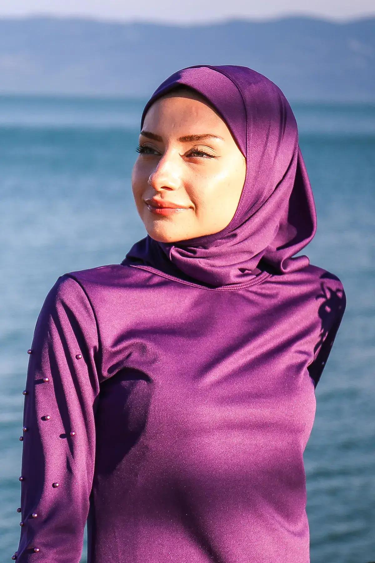 Marina Deniz Havuz Bone Eşarp B2101 - Mor görsel 4