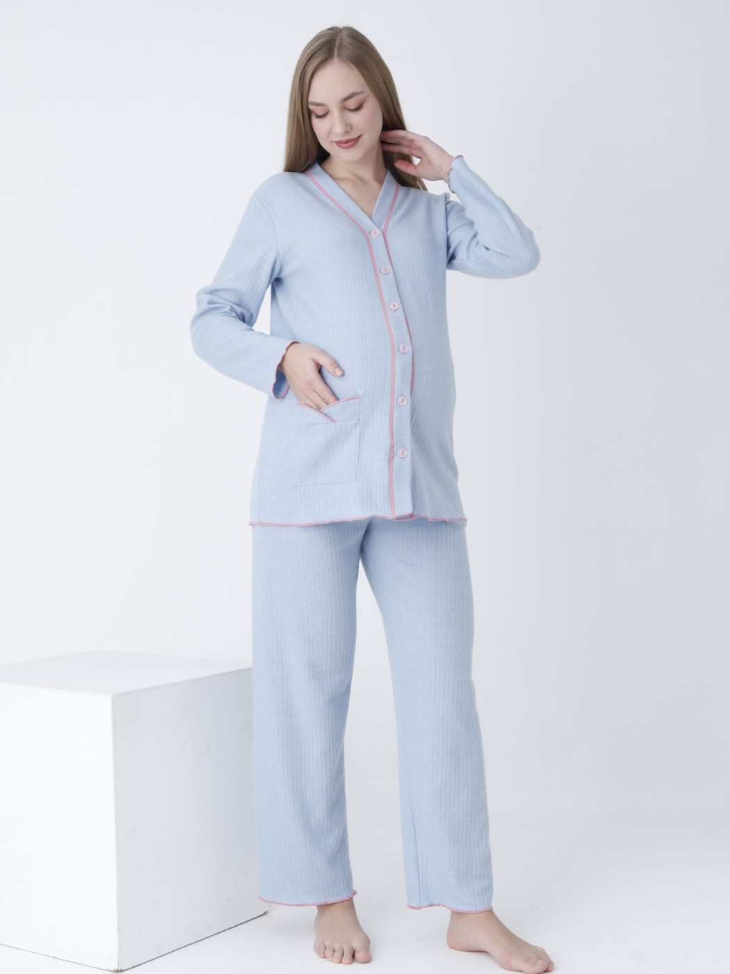 MİSS DÜNYA LİSSA Önden Düğmeli Ayarlanabilir Bel Kol ve Paça Fırfır Detaylı Hamile Pijama Takımı