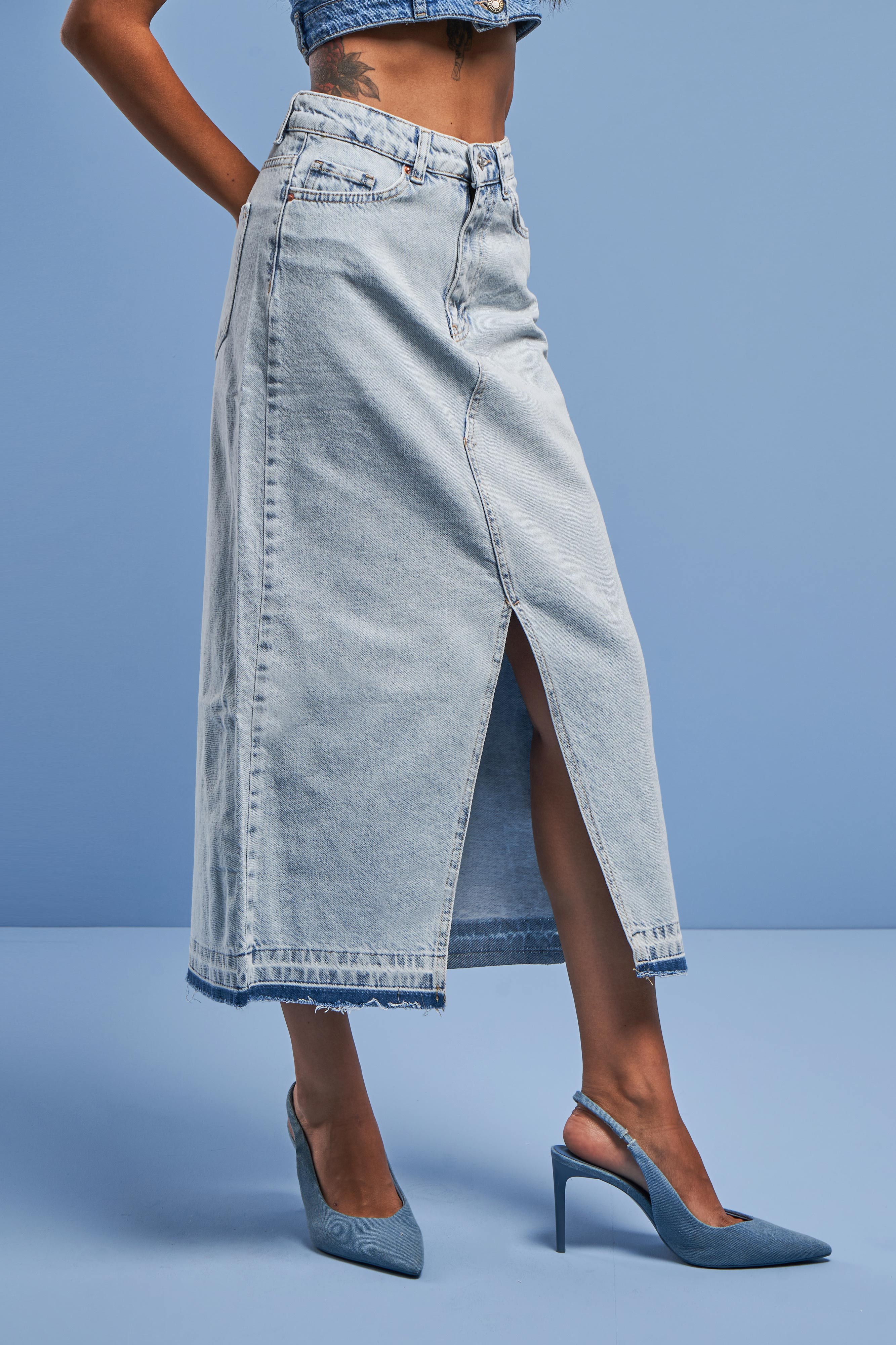 It's Basic Kadın Snow Jean Rengi Derin Yırtmaçlı Yüksek Bel Uzun Denim Etek