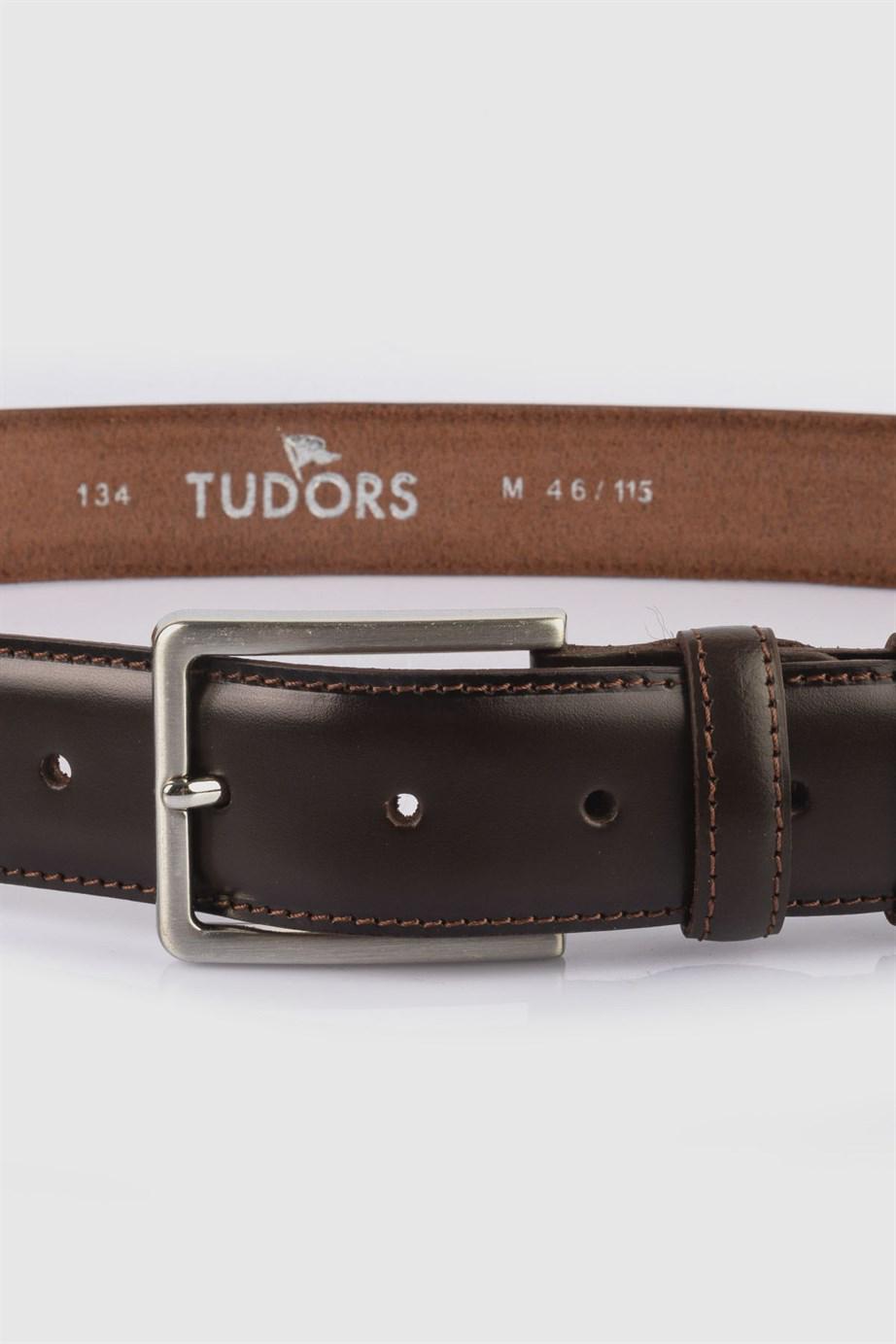 TUDORS Erkek %100 Hakiki Deri 3,5 Cm Klasik Kahverengi Kemer görsel 2