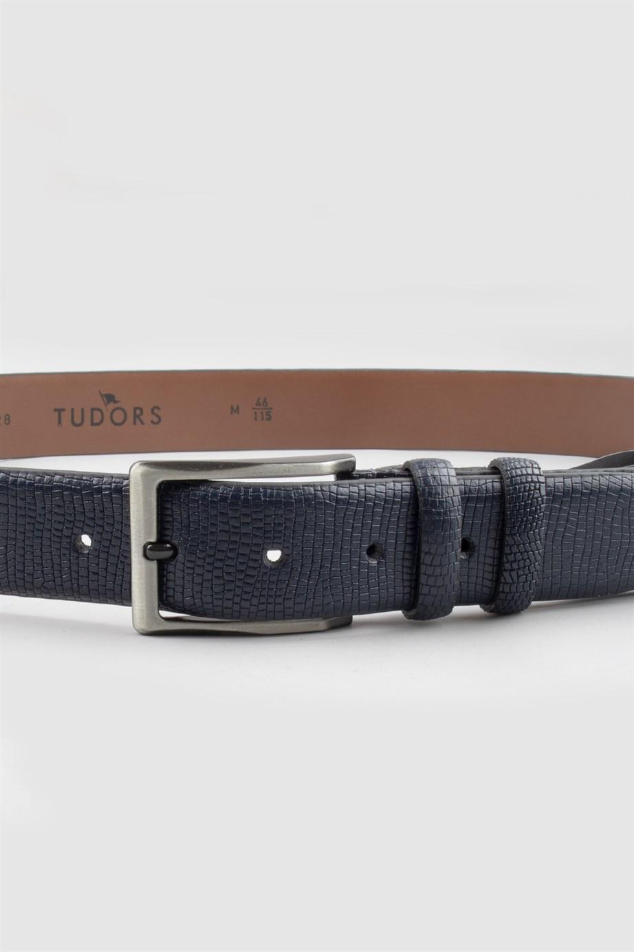 TUDORS Erkek %100 Hakiki Deri 3,5 Cm Klasik Lacivert Kemer görsel 2