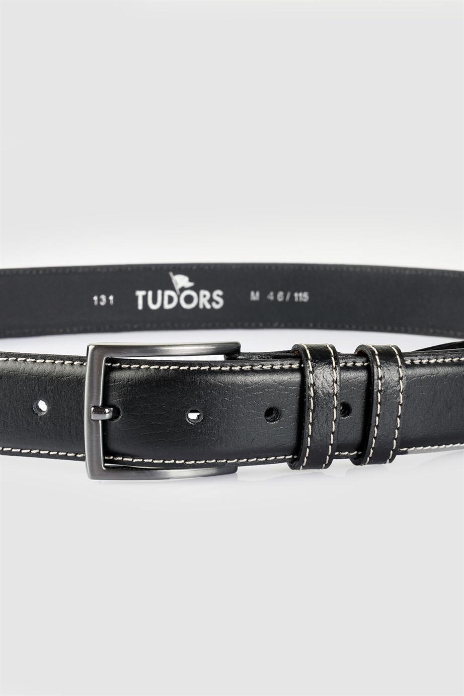 TUDORS Erkek %100 Hakiki Deri 3,5 Cm Klasik Siyah Kemer görsel 2