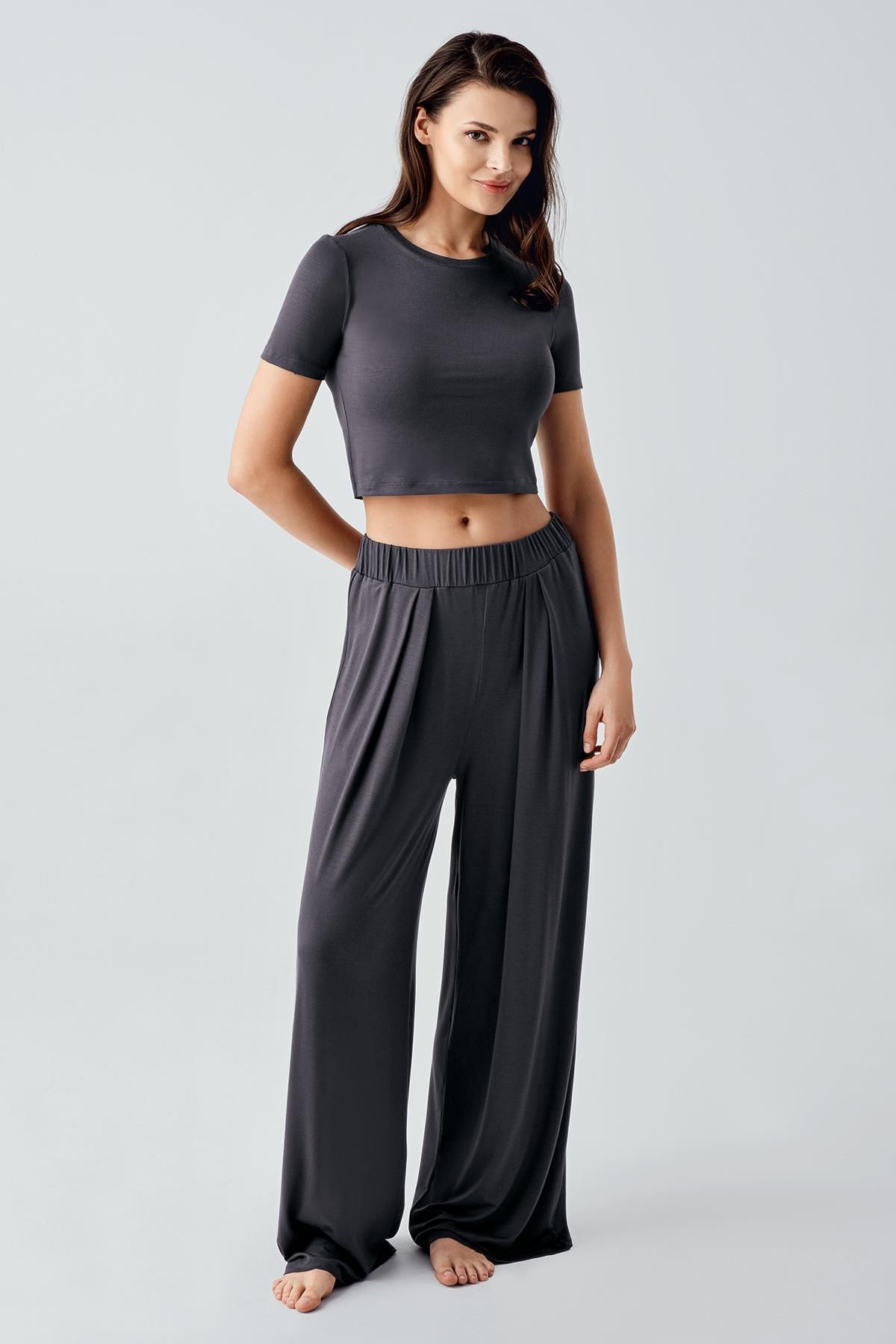 Artış Kısa Kollu Crop Bol Paça Esnek Viskoz Pijama Takım 17216