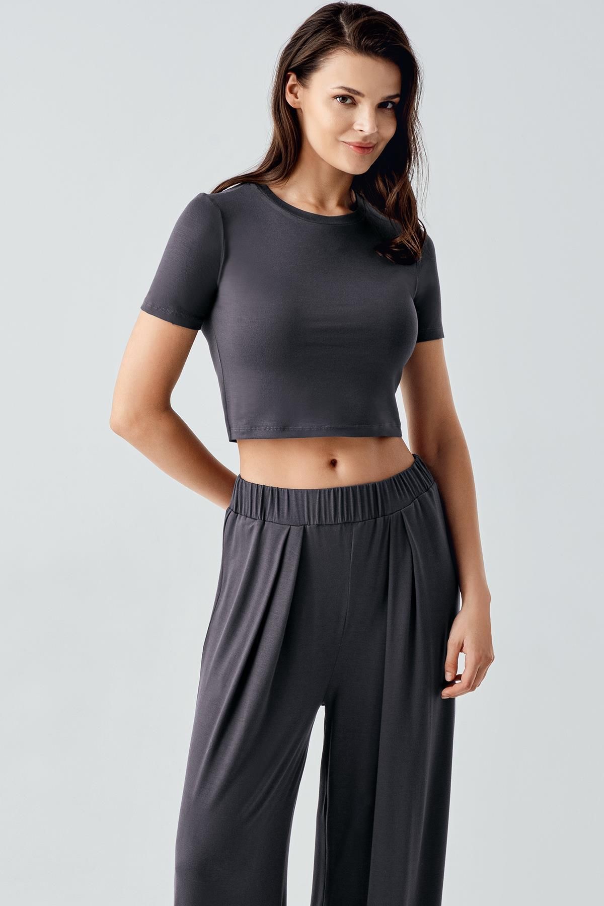 Artış Kısa Kollu Crop Bol Paça Esnek Viskoz Pijama Takım 17216 görsel 4