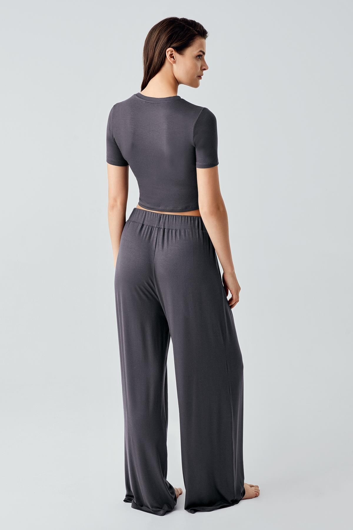 Artış Kısa Kollu Crop Bol Paça Esnek Viskoz Pijama Takım 17216 görsel 5
