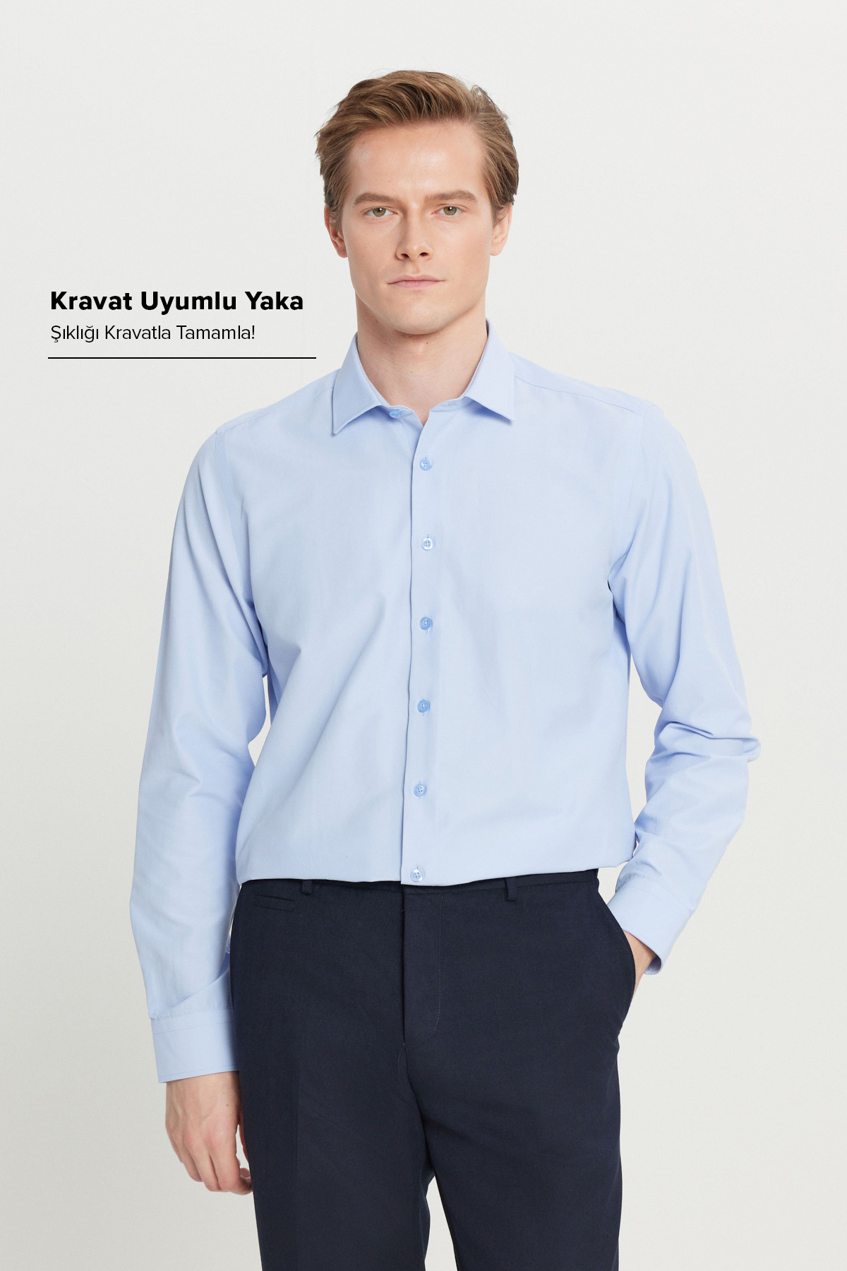 AC&Co / Altınyıldız Classics Erkek Açık Mavi Kolay Ütülenebilir Slim Fit Dar Kesim Klasik Yaka Pamuklu Gömlek