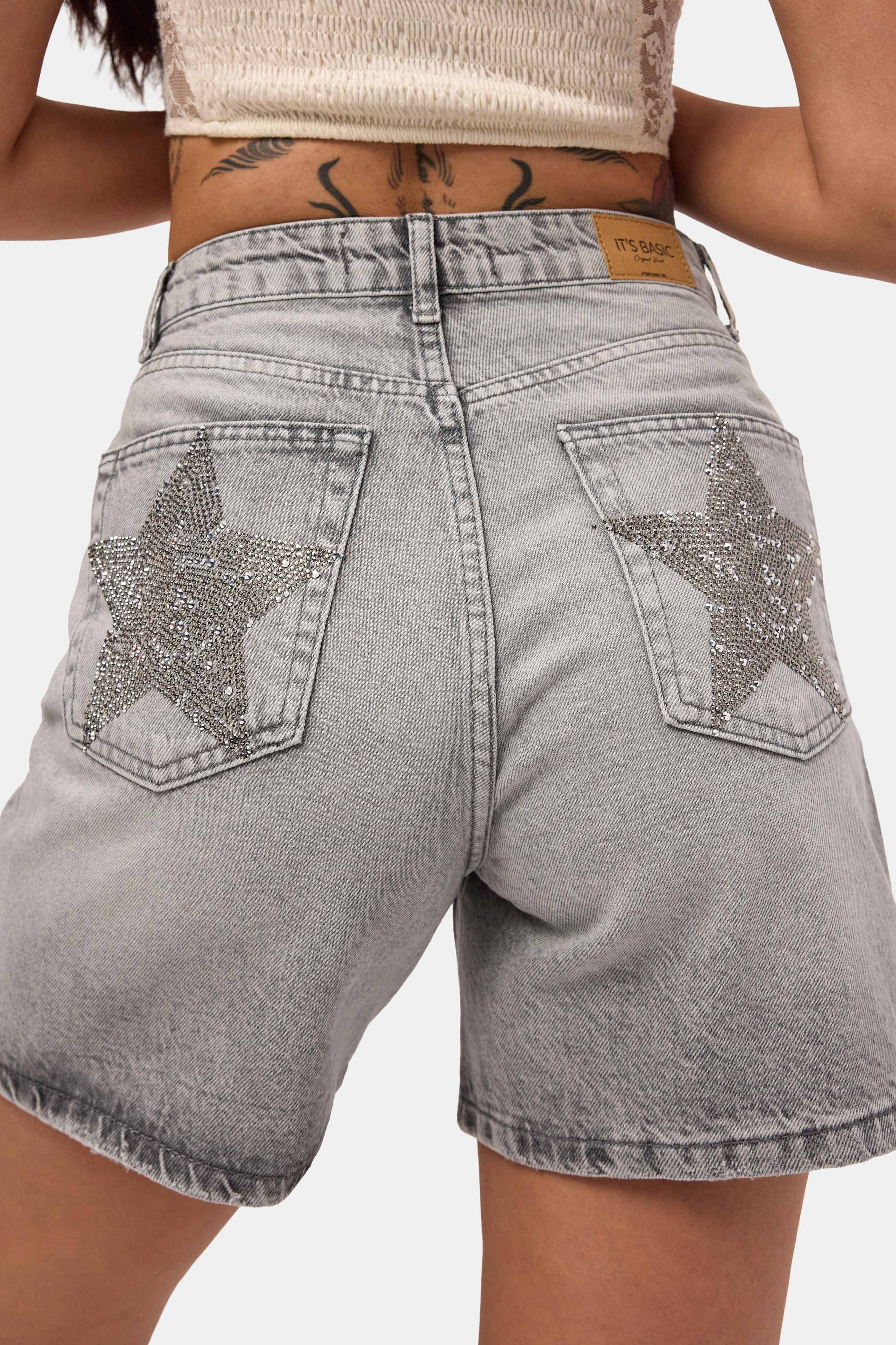It's Basic Kadın Füme T-4s6-12 Mom Relax Yıldız Detaylı Tasarım Denim Şort görsel 2