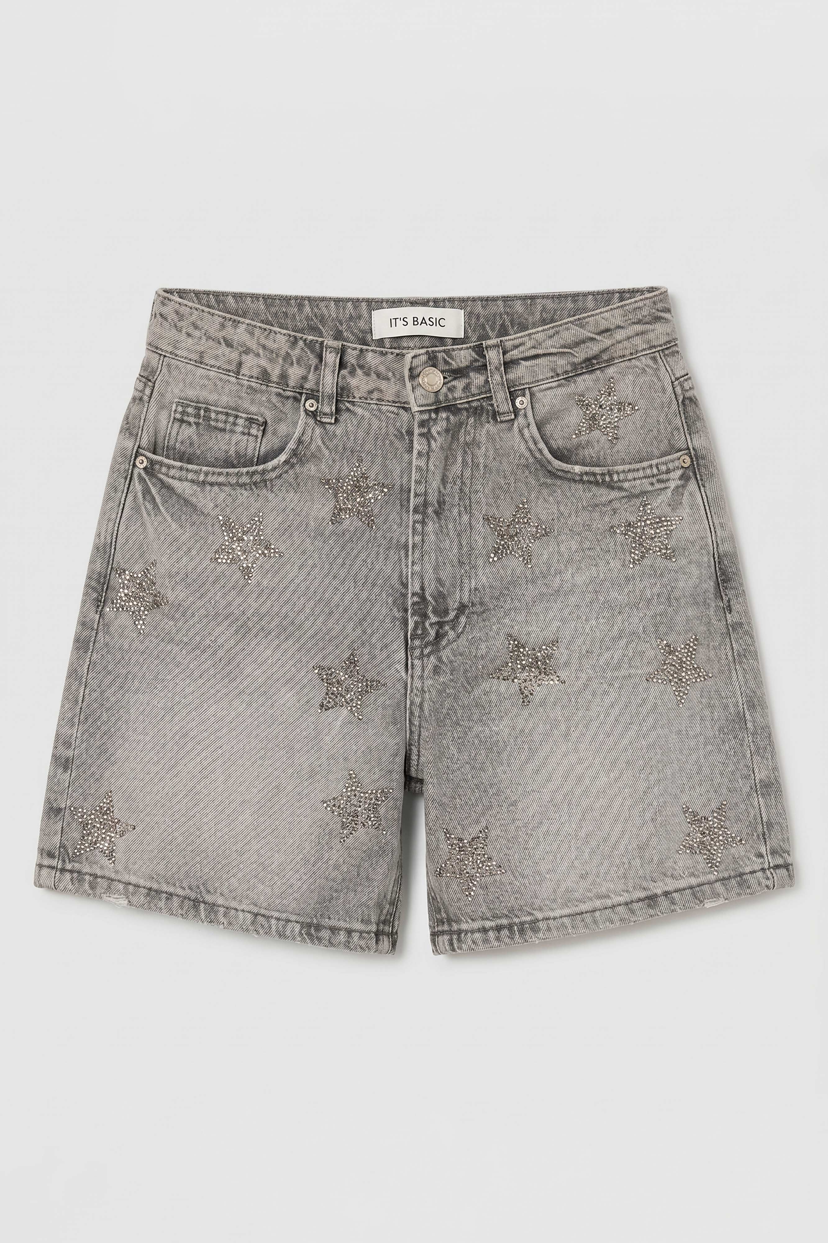 It's Basic Kadın Füme T-4s6-12 Mom Relax Yıldız Detaylı Tasarım Denim Şort