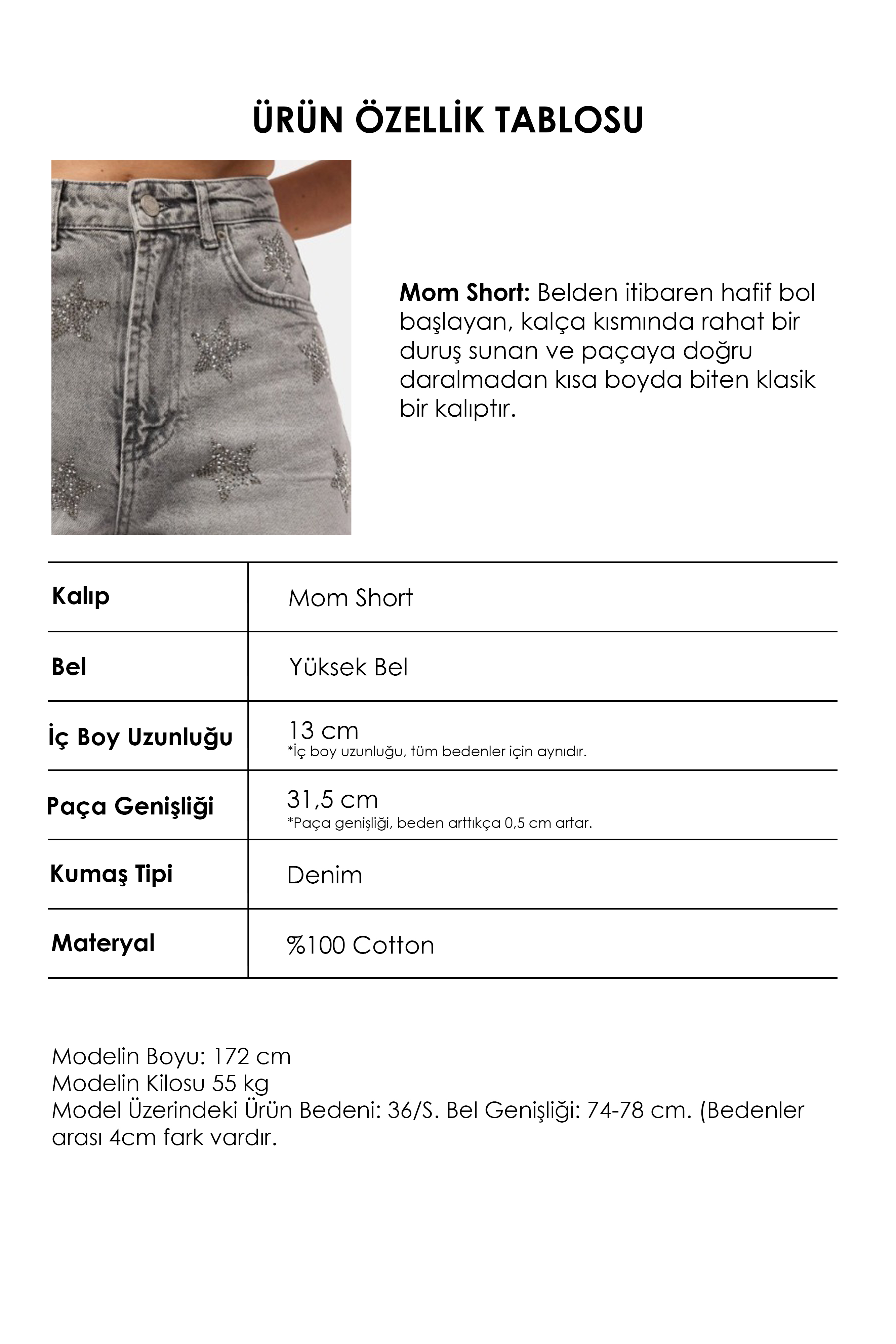 It's Basic Kadın Füme T-4s6-12 Mom Relax Yıldız Detaylı Tasarım Denim Şort görsel 3