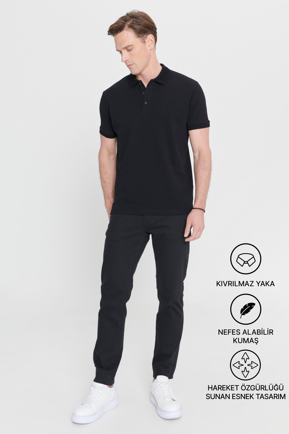 AC&Co / Altınyıldız Classics Erkek Siyah Slim Fit Dar Kesim Polo Yaka %100 Pamuk Kısa Kollu Tişört