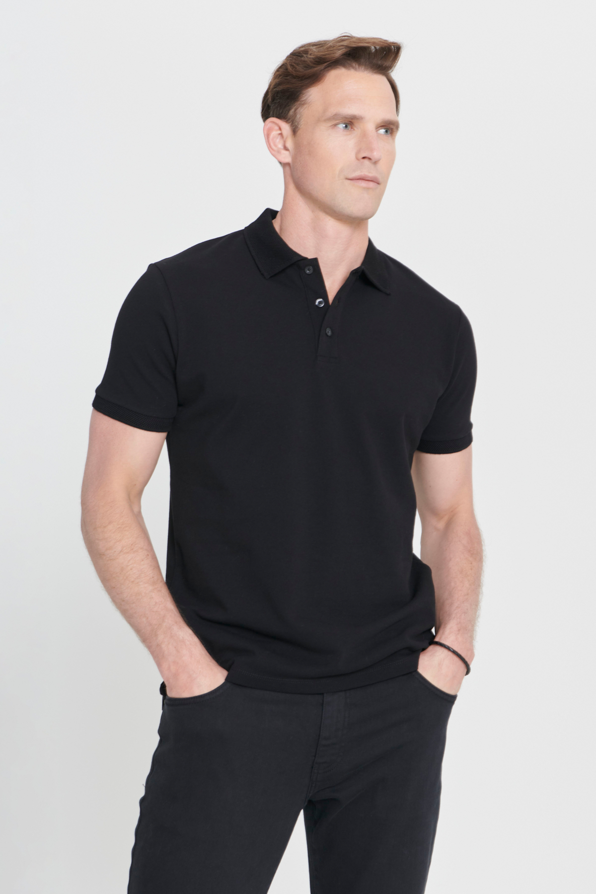 AC&Co / Altınyıldız Classics Erkek Siyah Slim Fit Dar Kesim Polo Yaka %100 Pamuk Kısa Kollu Tişört görsel 7