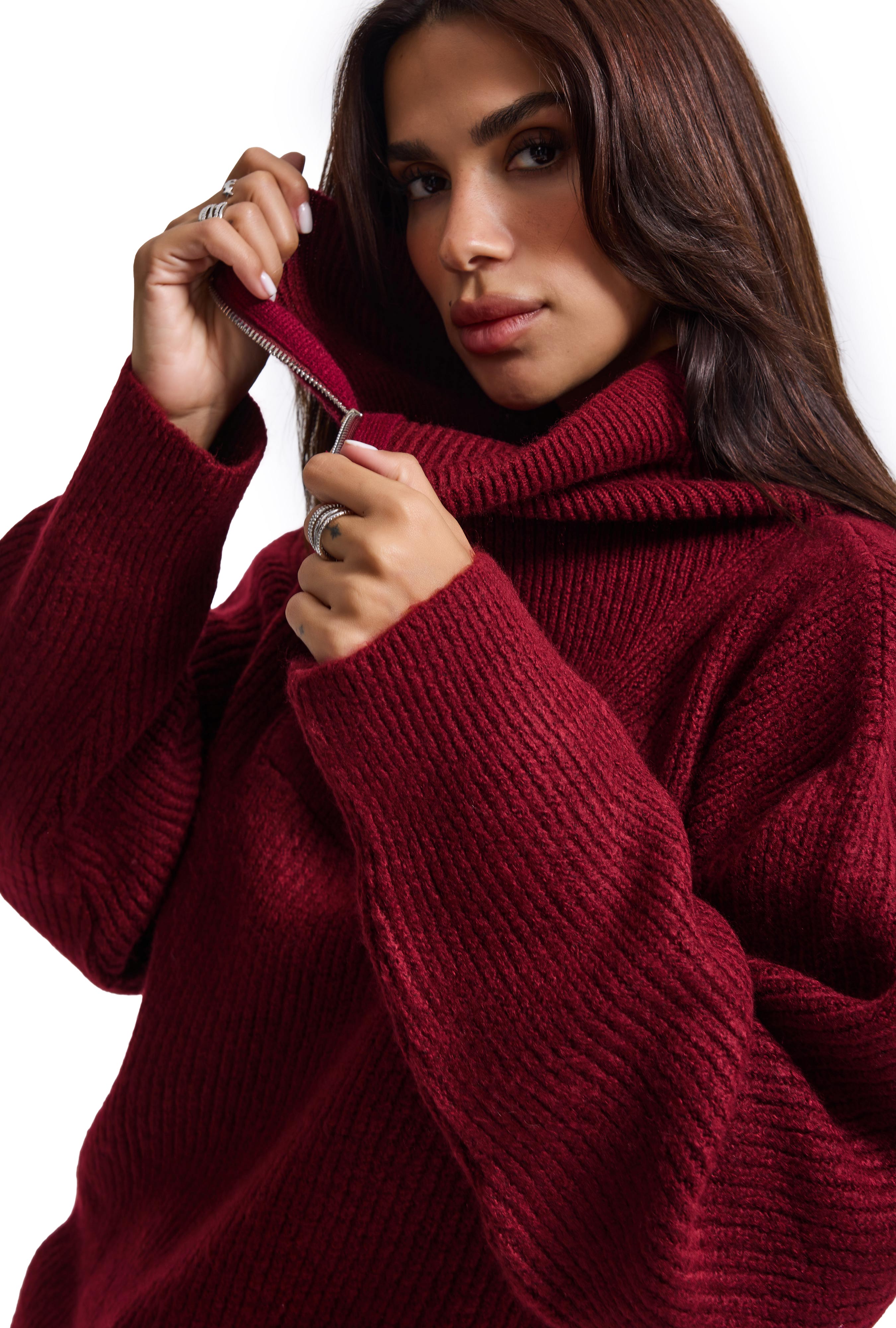 It's Basic Kadın Bordo w6-35 Oversize Fermuarlı Triko Kazak görsel 3