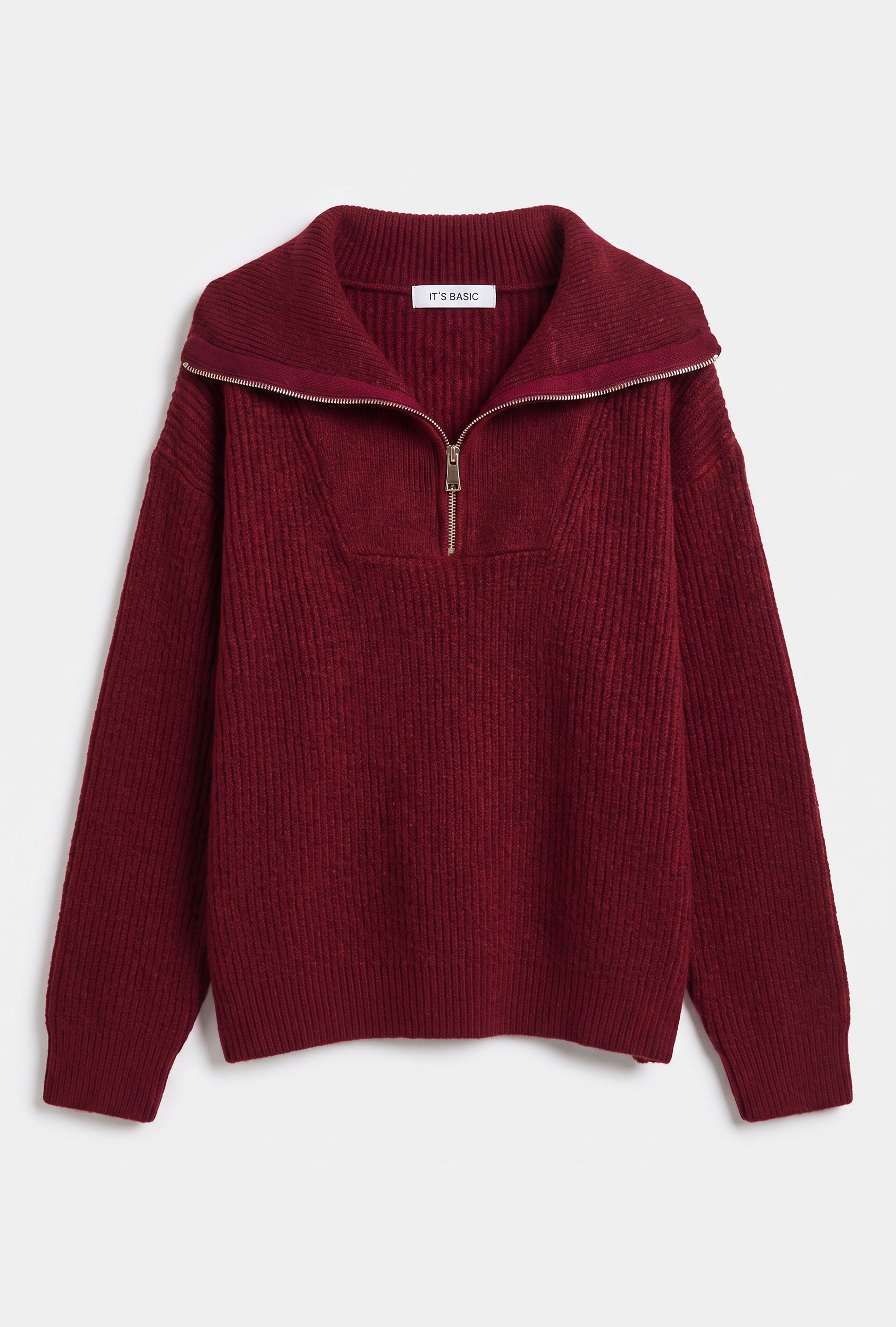 It's Basic Kadın Bordo w6-35 Oversize Fermuarlı Triko Kazak görsel 4