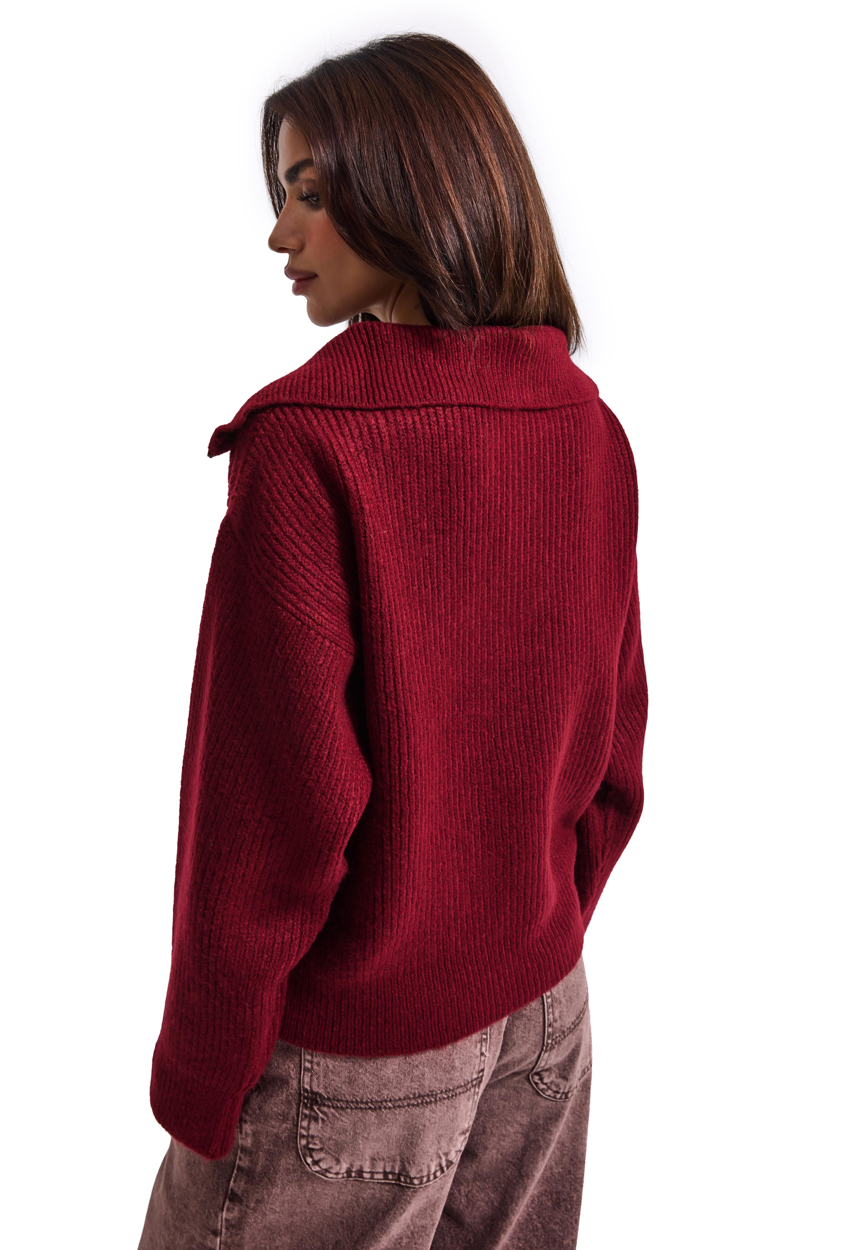 It's Basic Kadın Bordo w6-35 Oversize Fermuarlı Triko Kazak görsel 5