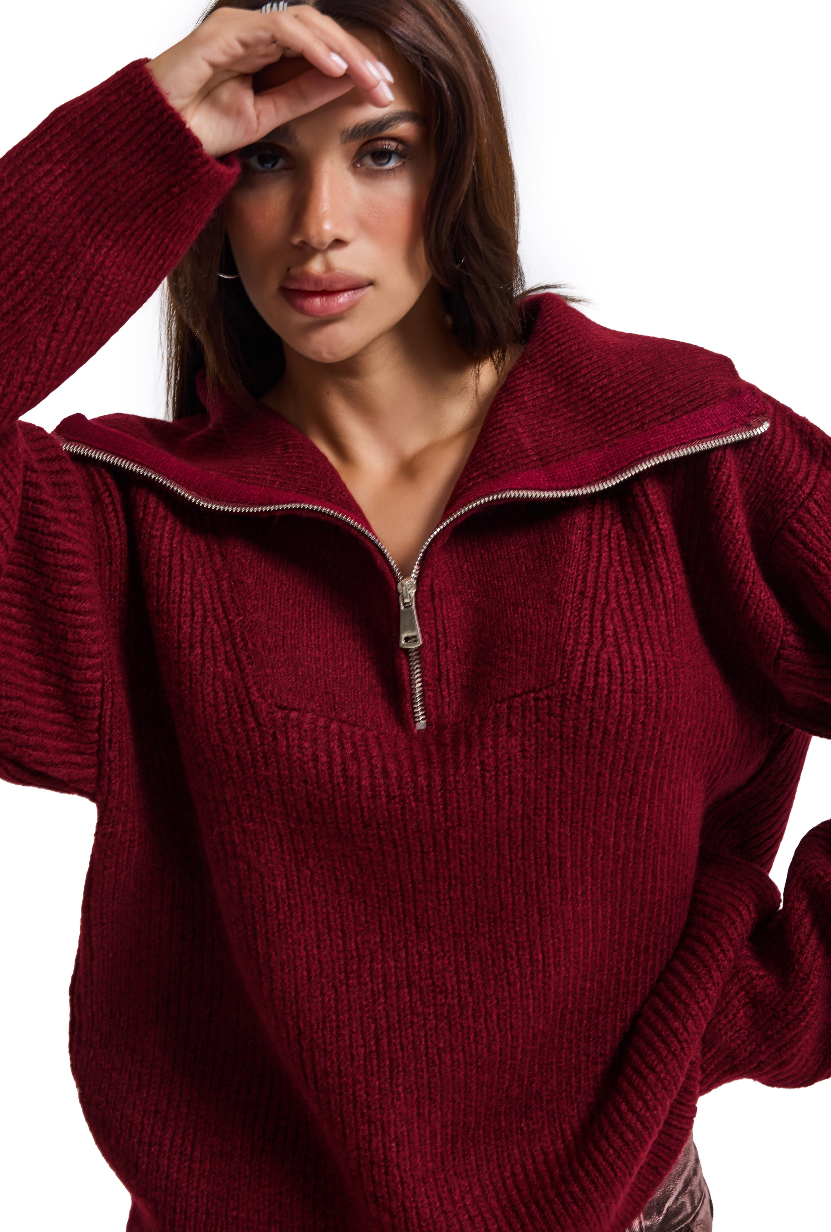 It's Basic Kadın Bordo w6-35 Oversize Fermuarlı Triko Kazak görsel 6
