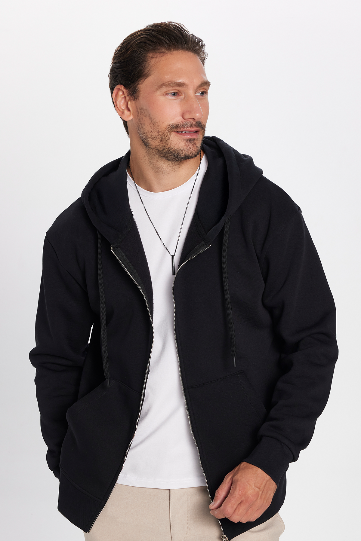 TUDORS Unisex Relax Fit Rahat Kesim Pamuklu İçi Polarlı Çift Cepli Siyah Kapüşonlu Fermuarlı Sweatshirt