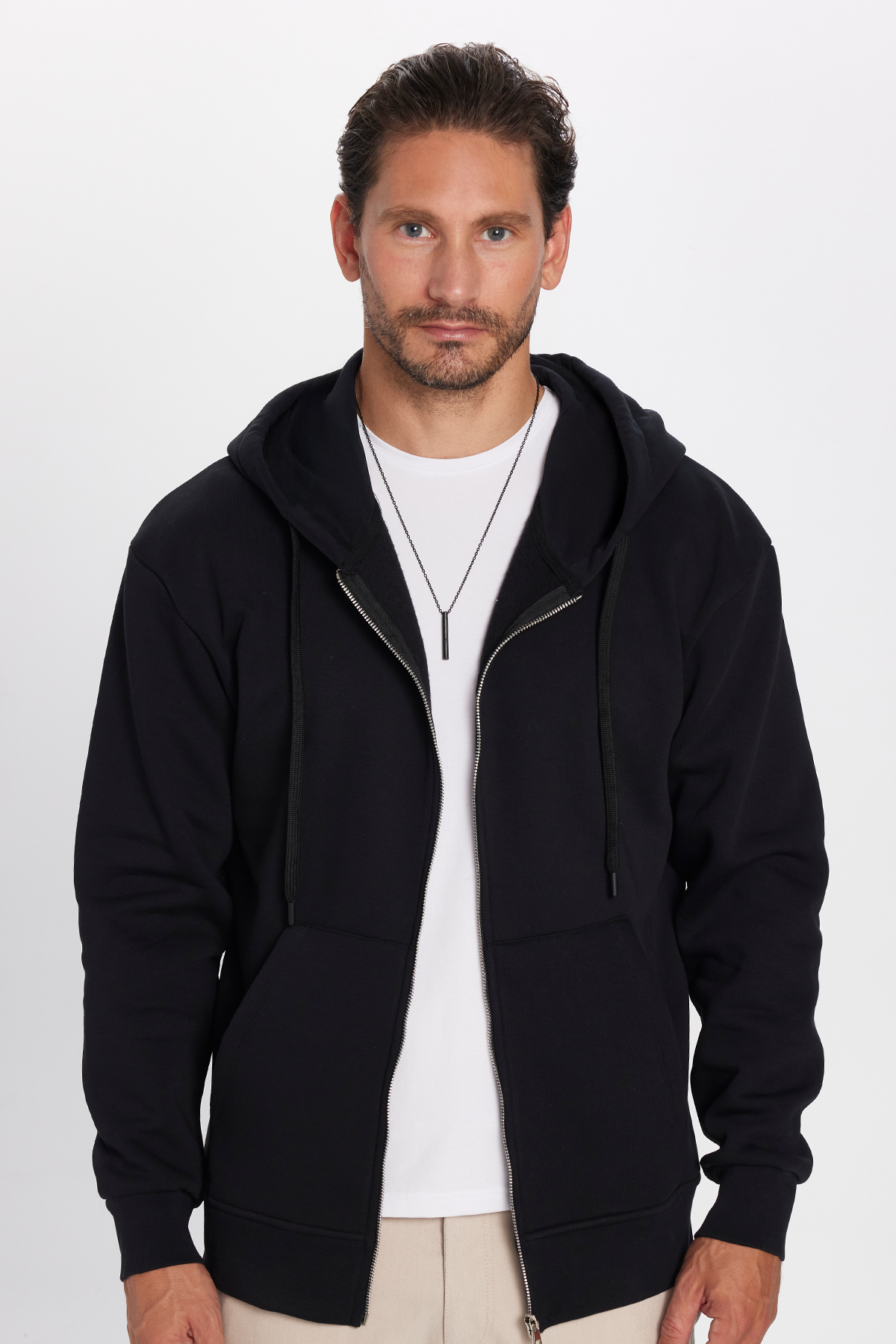 TUDORS Unisex Relax Fit Rahat Kesim Pamuklu İçi Polarlı Çift Cepli Siyah Kapüşonlu Fermuarlı Sweatshirt görsel 4