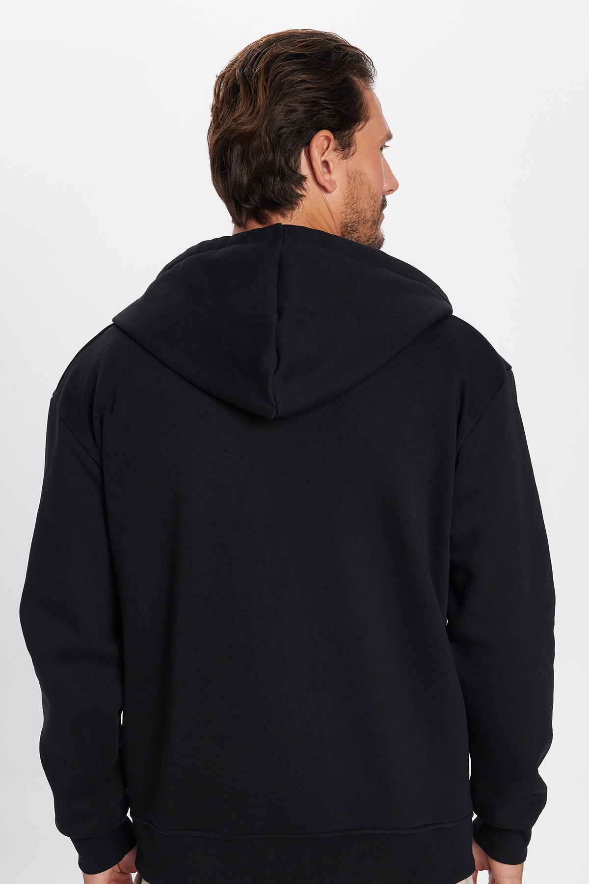 TUDORS Unisex Relax Fit Rahat Kesim Pamuklu İçi Polarlı Çift Cepli Siyah Kapüşonlu Fermuarlı Sweatshirt görsel 5
