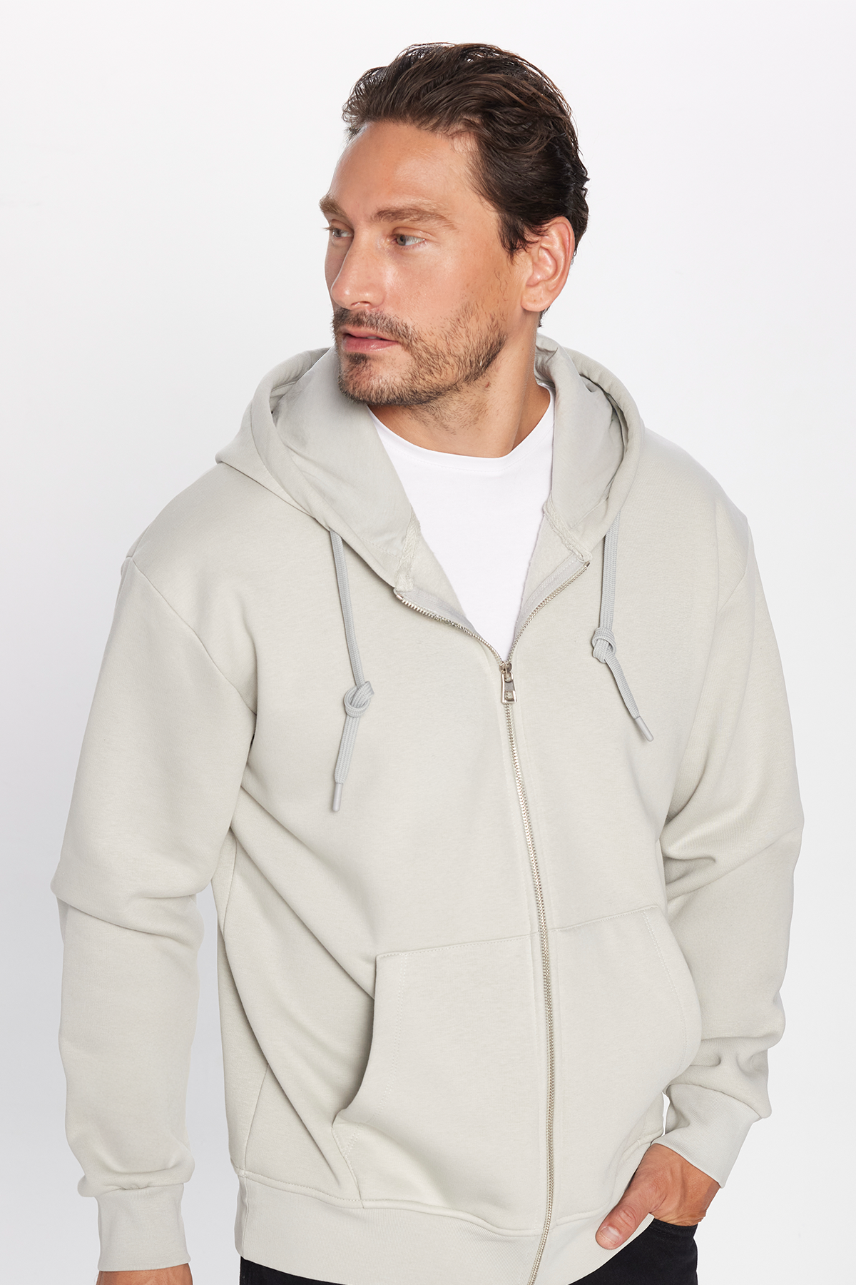TUDORS Unisex Relax Fit Rahat Kesim Pamuklu İçi Polarlı Çift Cepli Taş Renk Kapüşonlu Fermuarlı Sweatshirt