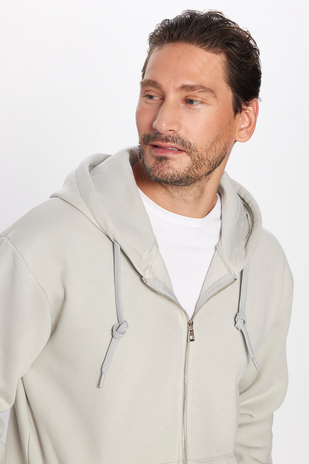 TUDORS Unisex Relax Fit Rahat Kesim Pamuklu İçi Polarlı Çift Cepli Taş Renk Kapüşonlu Fermuarlı Sweatshirt görsel 2