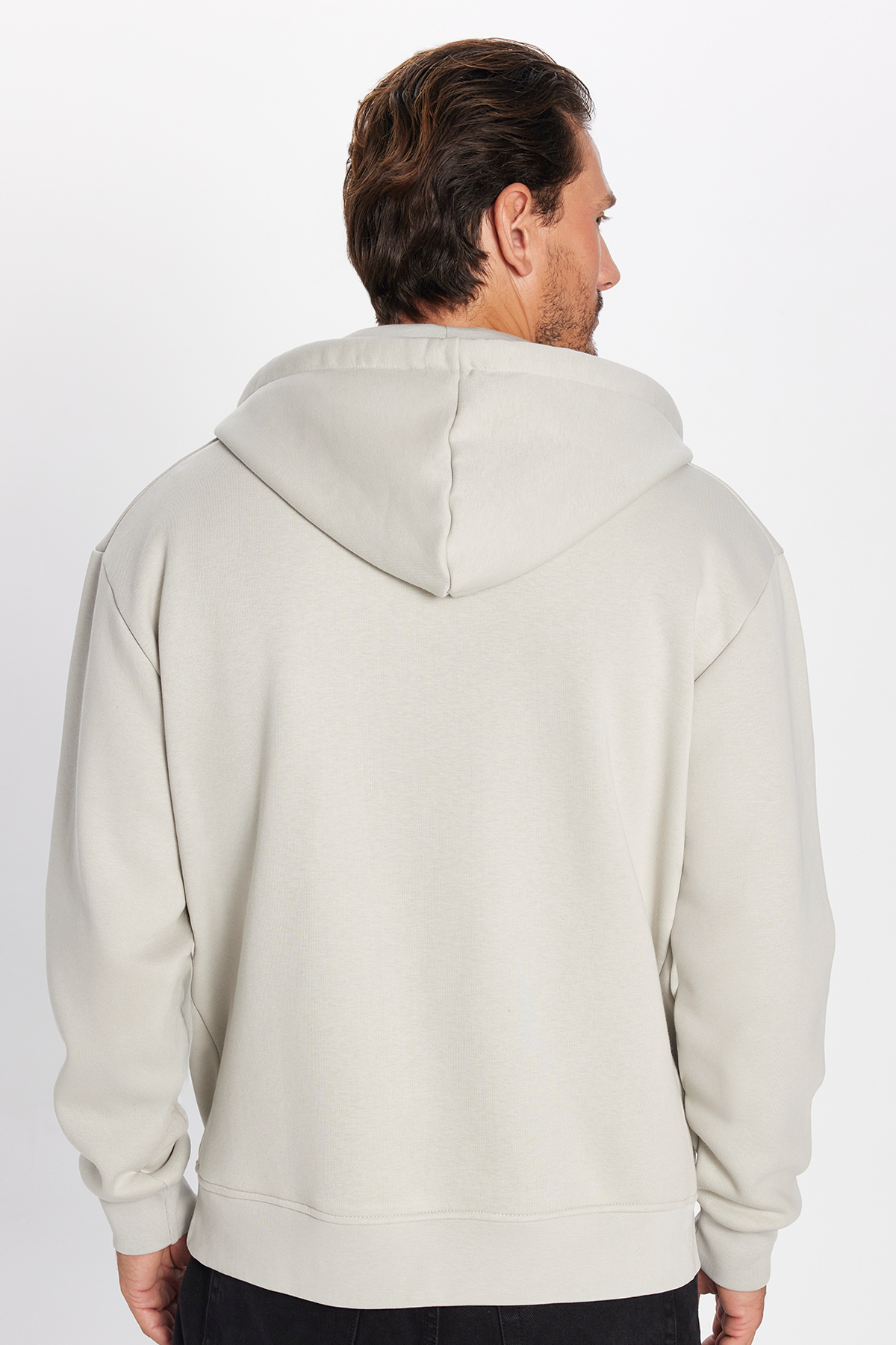 TUDORS Unisex Relax Fit Rahat Kesim Pamuklu İçi Polarlı Çift Cepli Taş Renk Kapüşonlu Fermuarlı Sweatshirt görsel 4