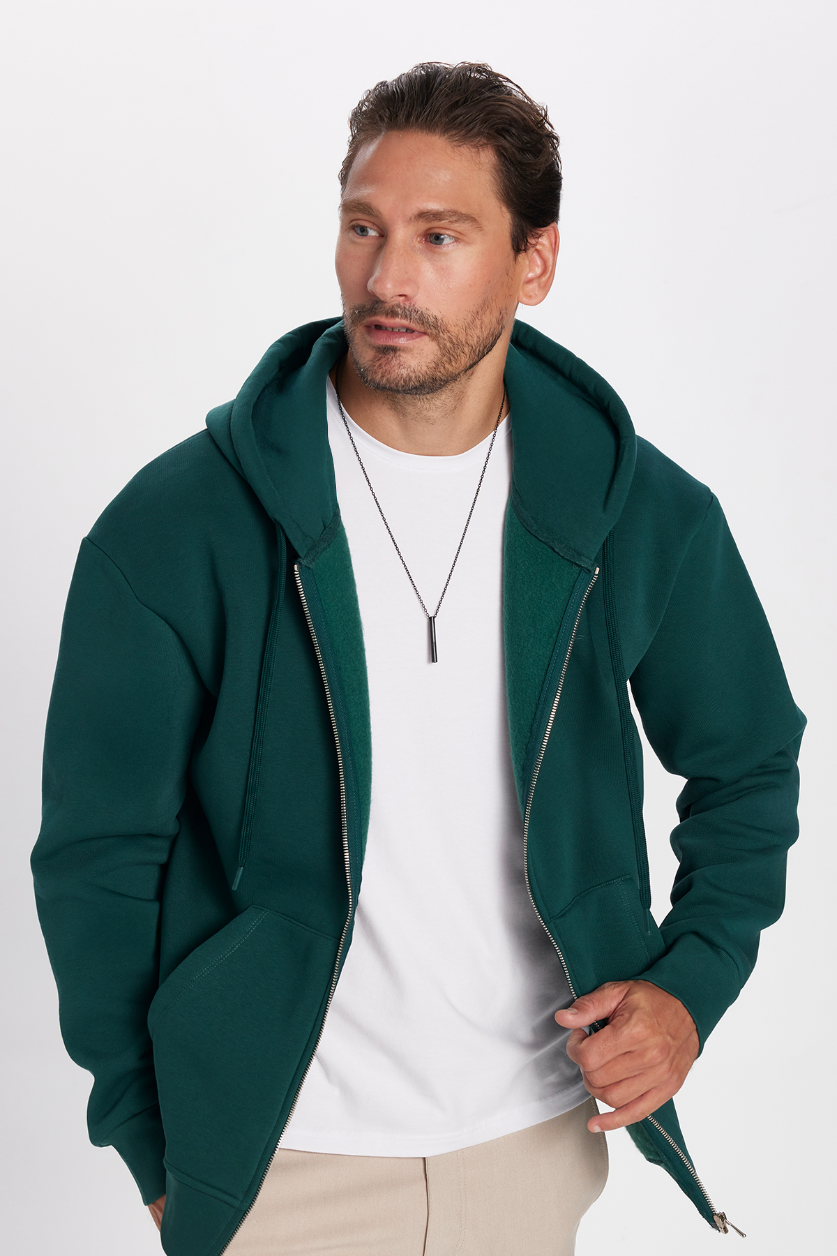 TUDORS Unisex Relax Fit Rahat Kesim Pamuklu İçi Polarlı Çift Cepli Yeşil Kapüşonlu Fermuarlı Sweatshirt