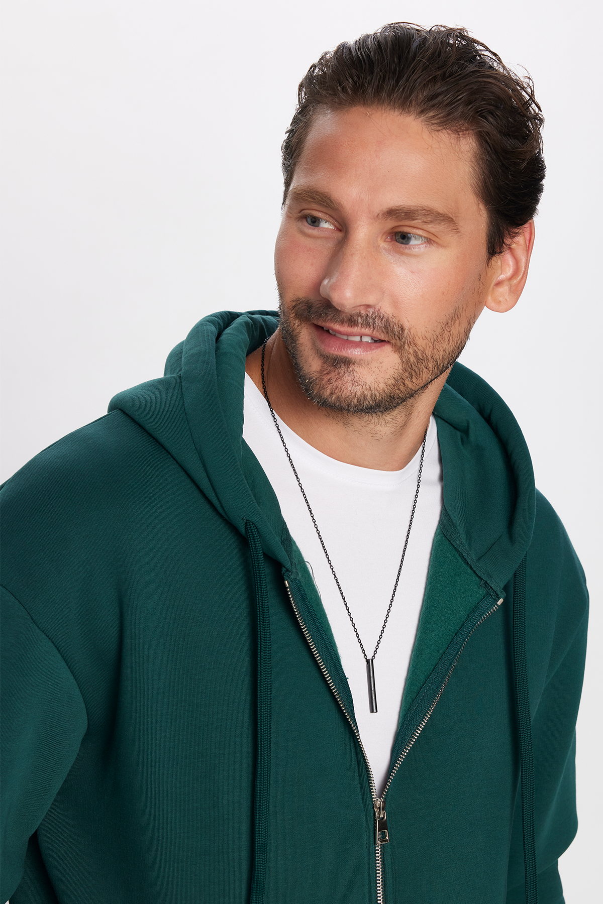 TUDORS Unisex Relax Fit Rahat Kesim Pamuklu İçi Polarlı Çift Cepli Yeşil Kapüşonlu Fermuarlı Sweatshirt görsel 2