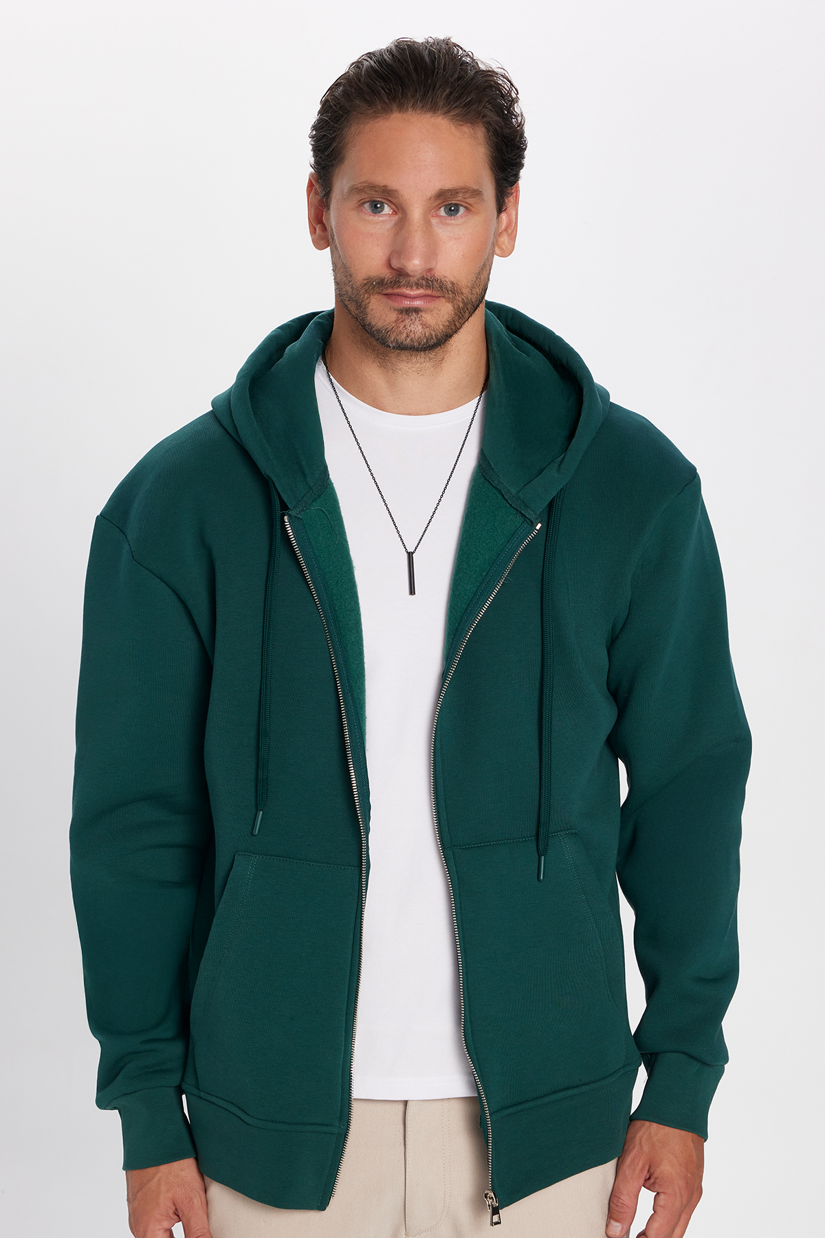 TUDORS Unisex Relax Fit Rahat Kesim Pamuklu İçi Polarlı Çift Cepli Yeşil Kapüşonlu Fermuarlı Sweatshirt görsel 4