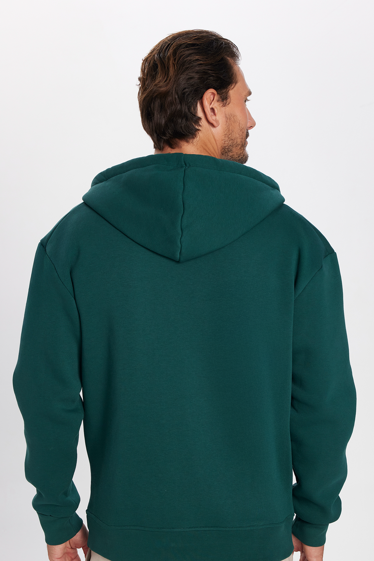 TUDORS Unisex Relax Fit Rahat Kesim Pamuklu İçi Polarlı Çift Cepli Yeşil Kapüşonlu Fermuarlı Sweatshirt görsel 5